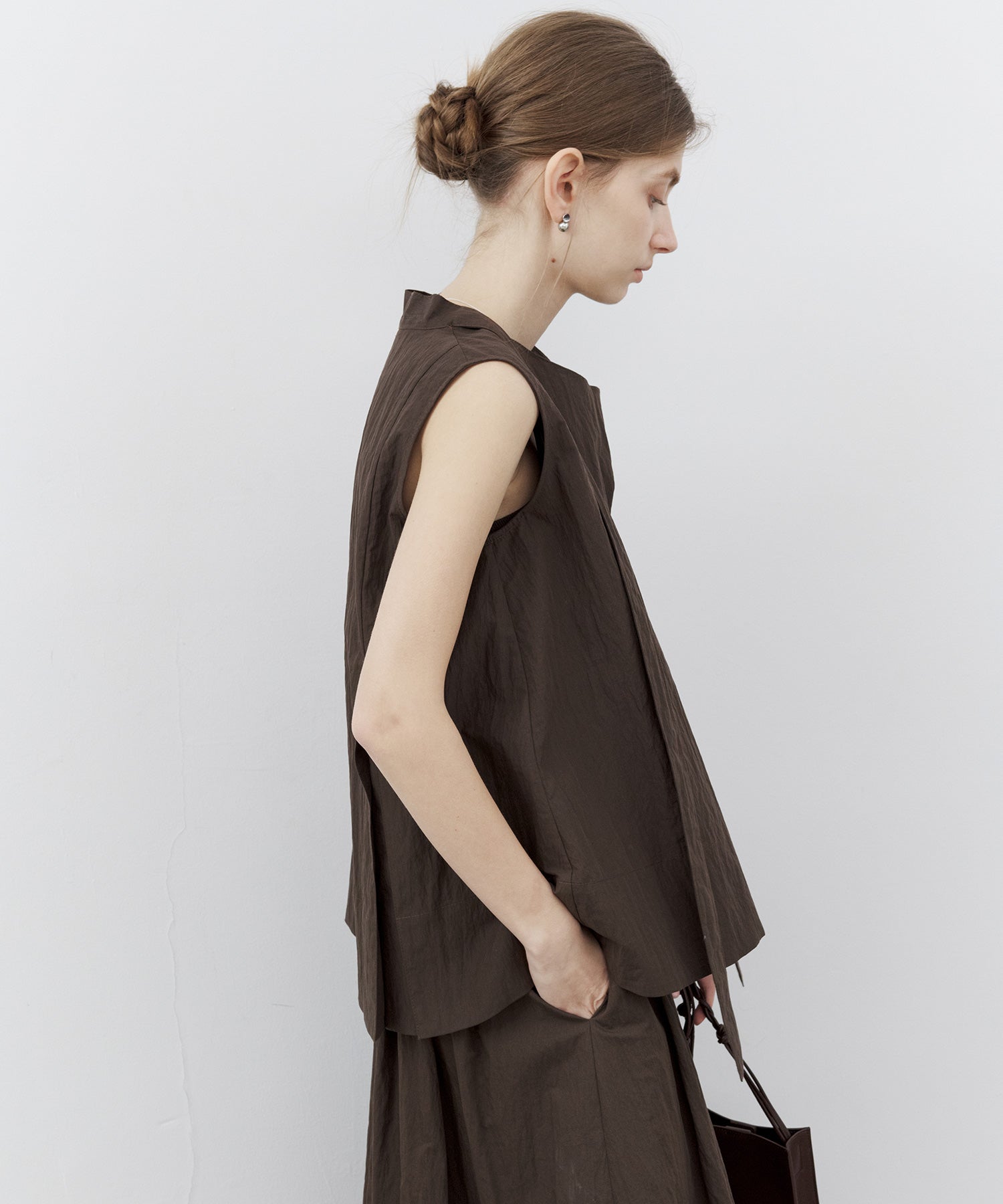 Drape Neck Pleated Blouse with Ribbon