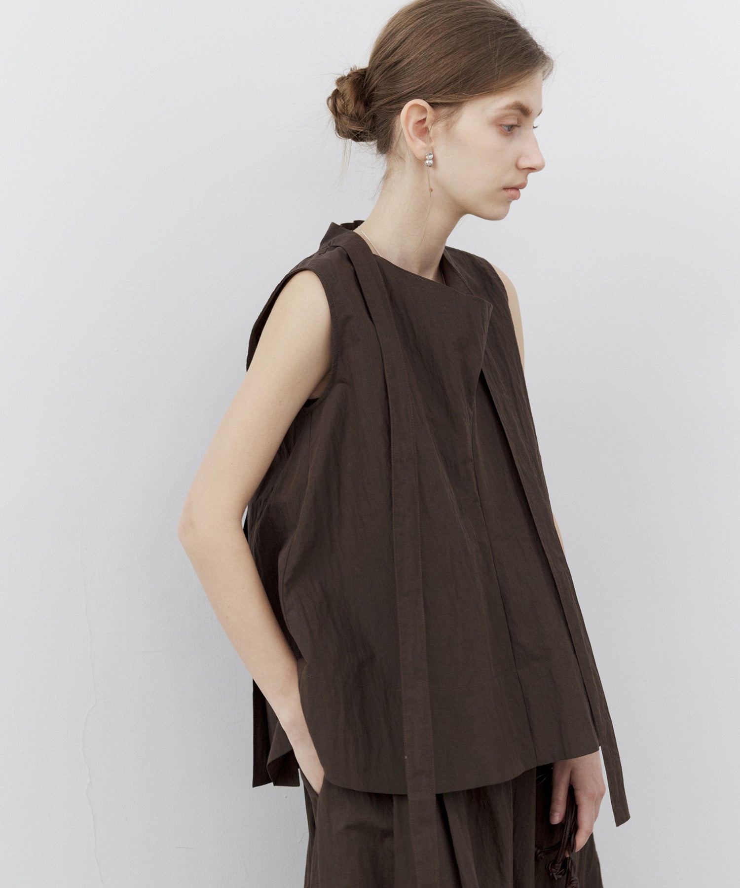 Drape Neck Pleated Blouse with Ribbon