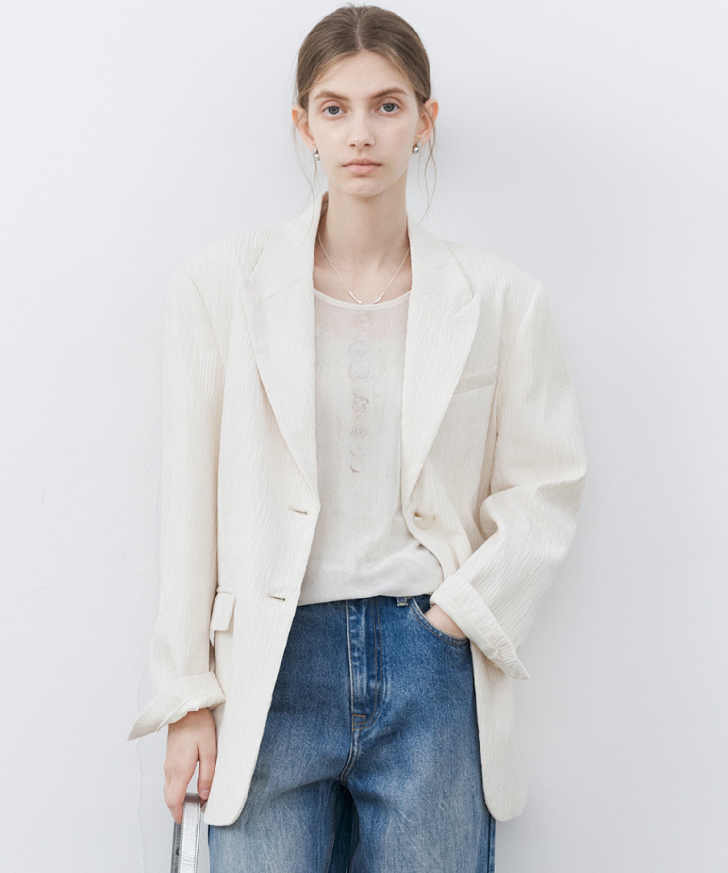 Crinkle Texture White Peak-Lapel Blazer(Shoulder Pads)