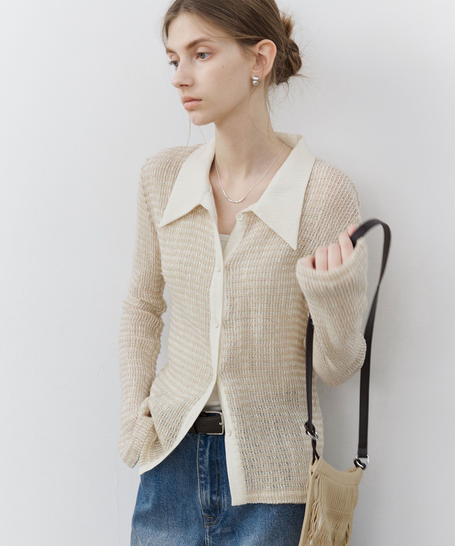 Two-Tone Openwork Knit Shirt Blouse