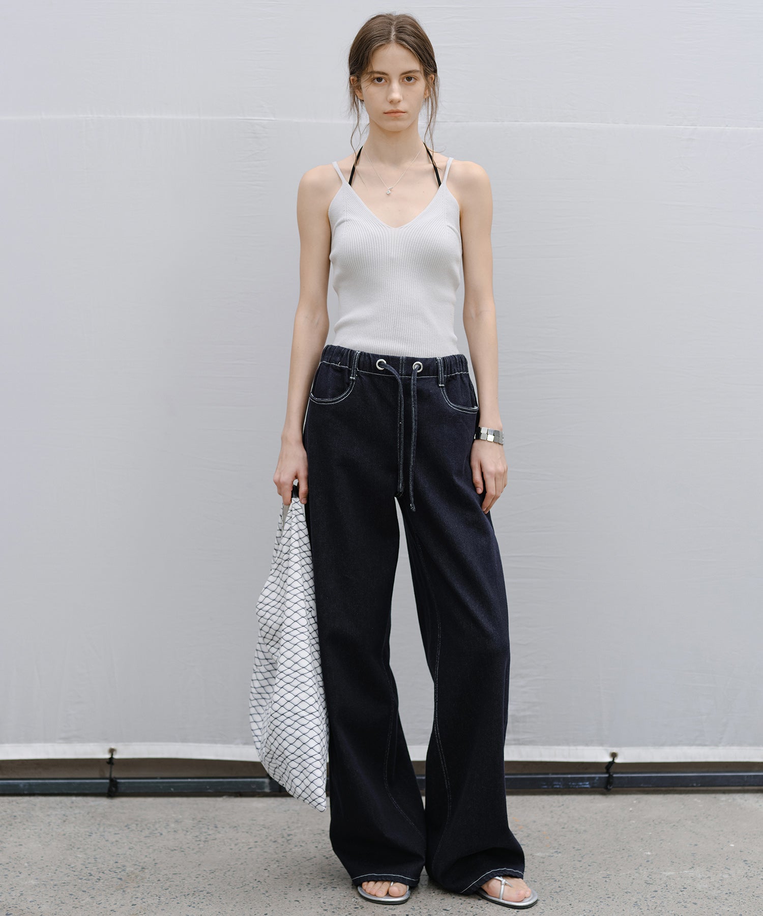 Drawstring Straight Washed Denim Pants