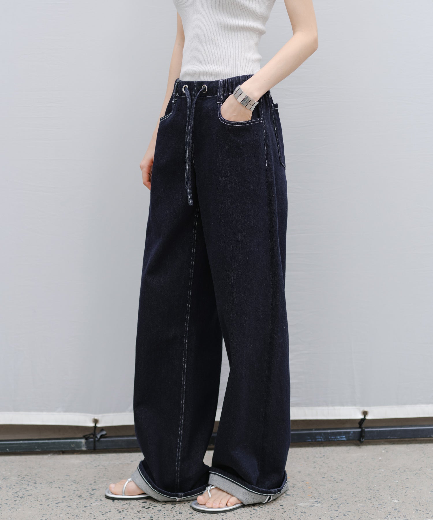 Drawstring Straight Washed Denim Pants