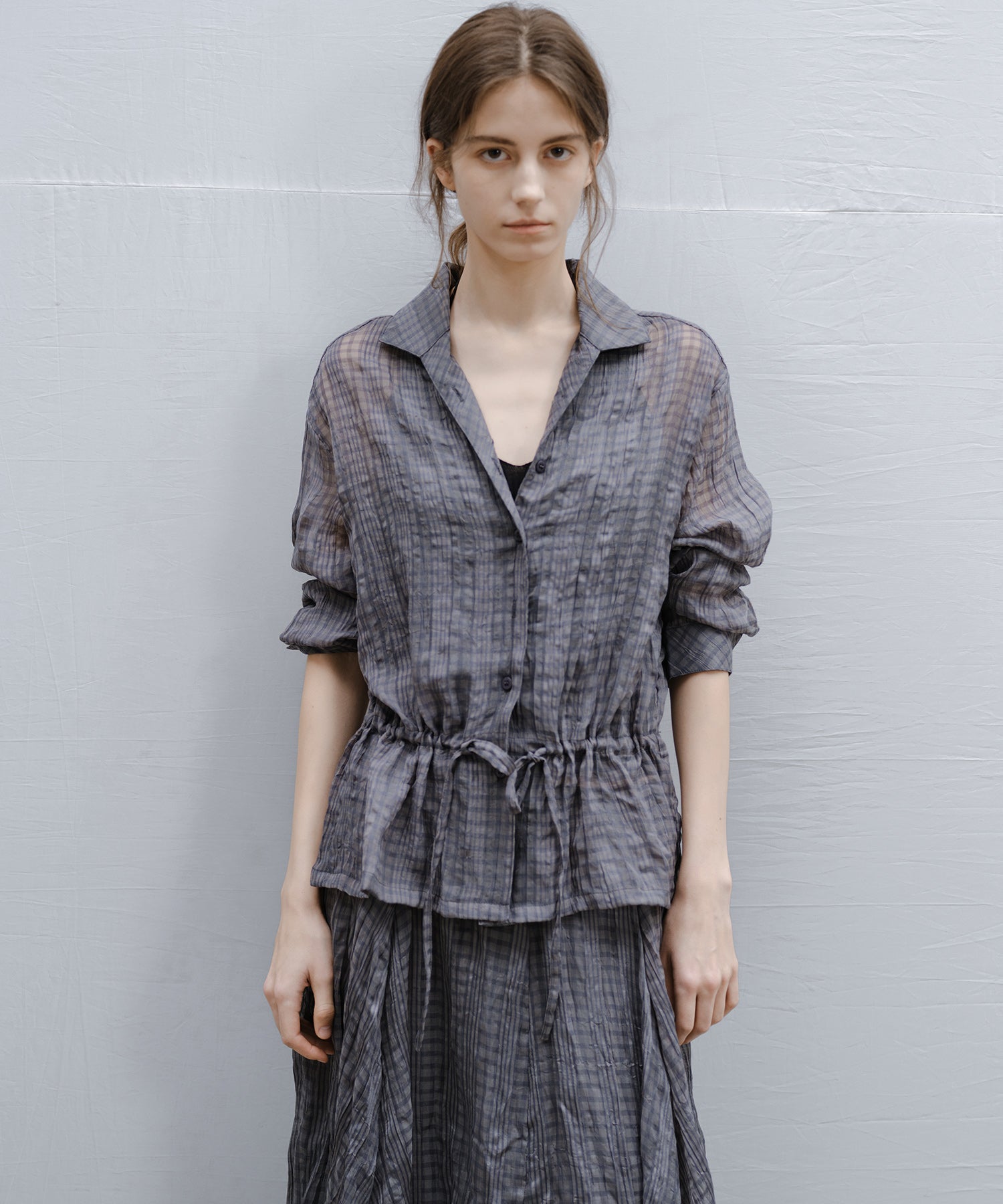 Drawstring Crinkled Check Shirt Jacket – Oversized Fit