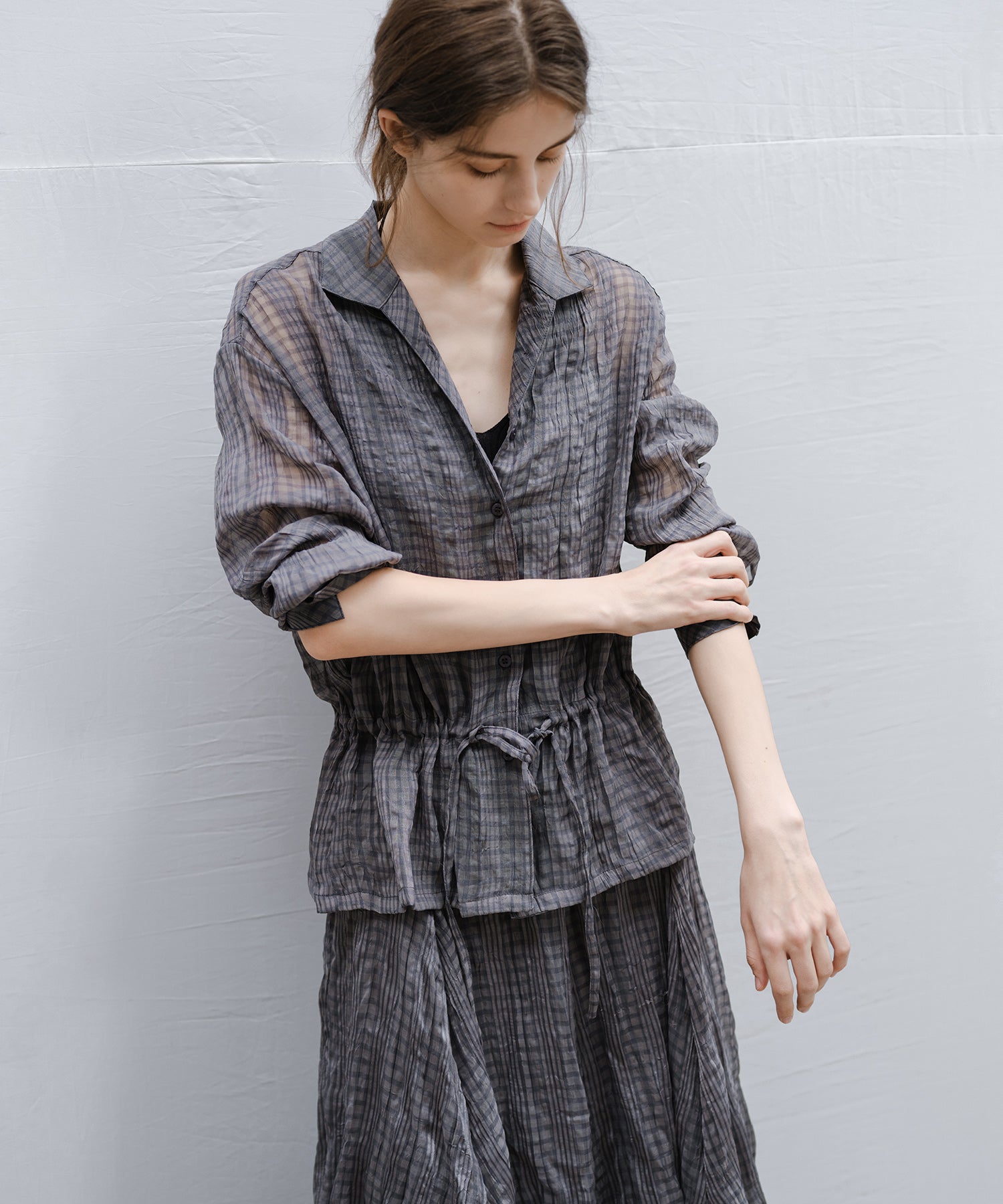 Drawstring Crinkled Check Shirt Jacket – Oversized Fit