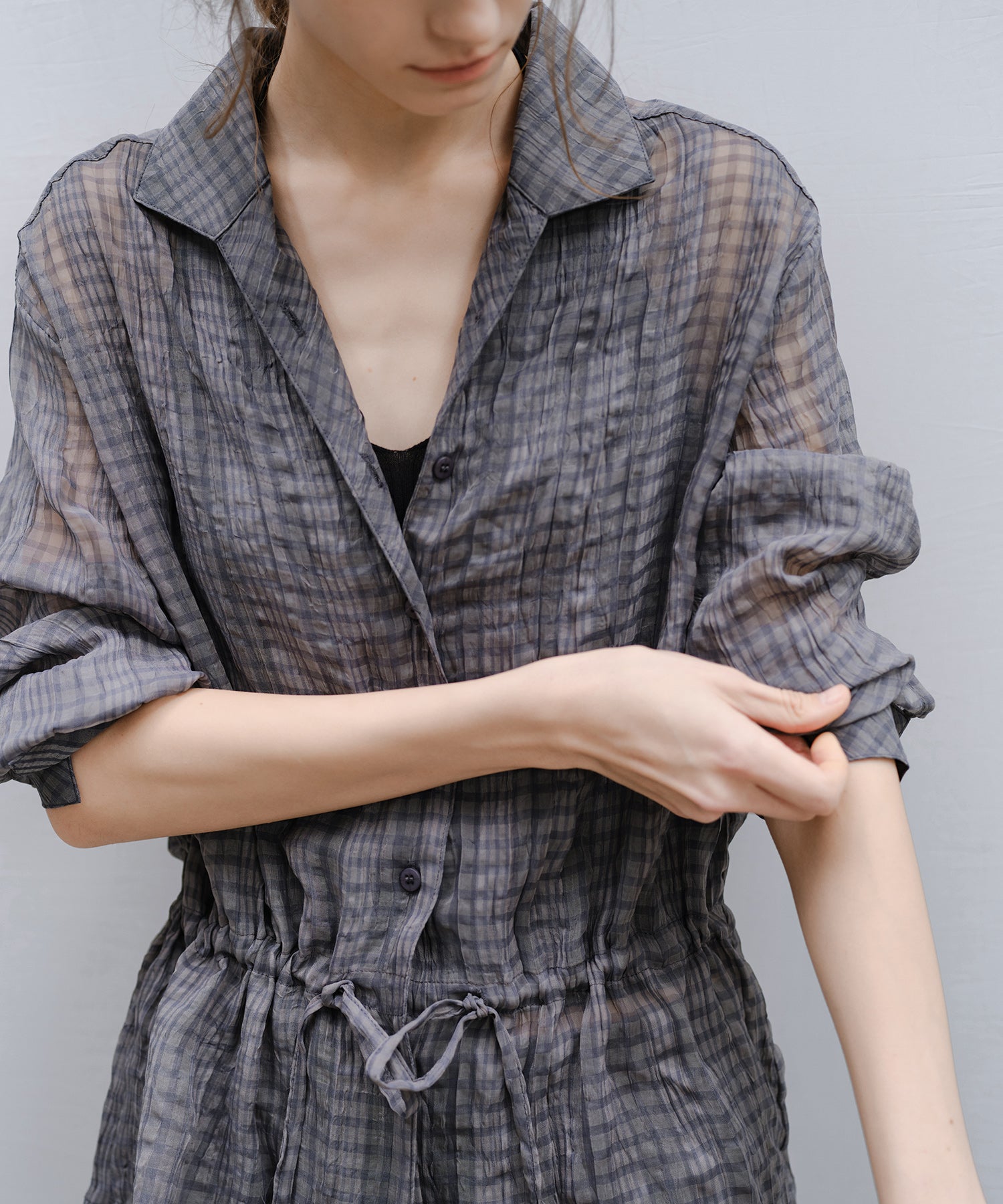 Drawstring Crinkled Check Shirt Jacket – Oversized Fit