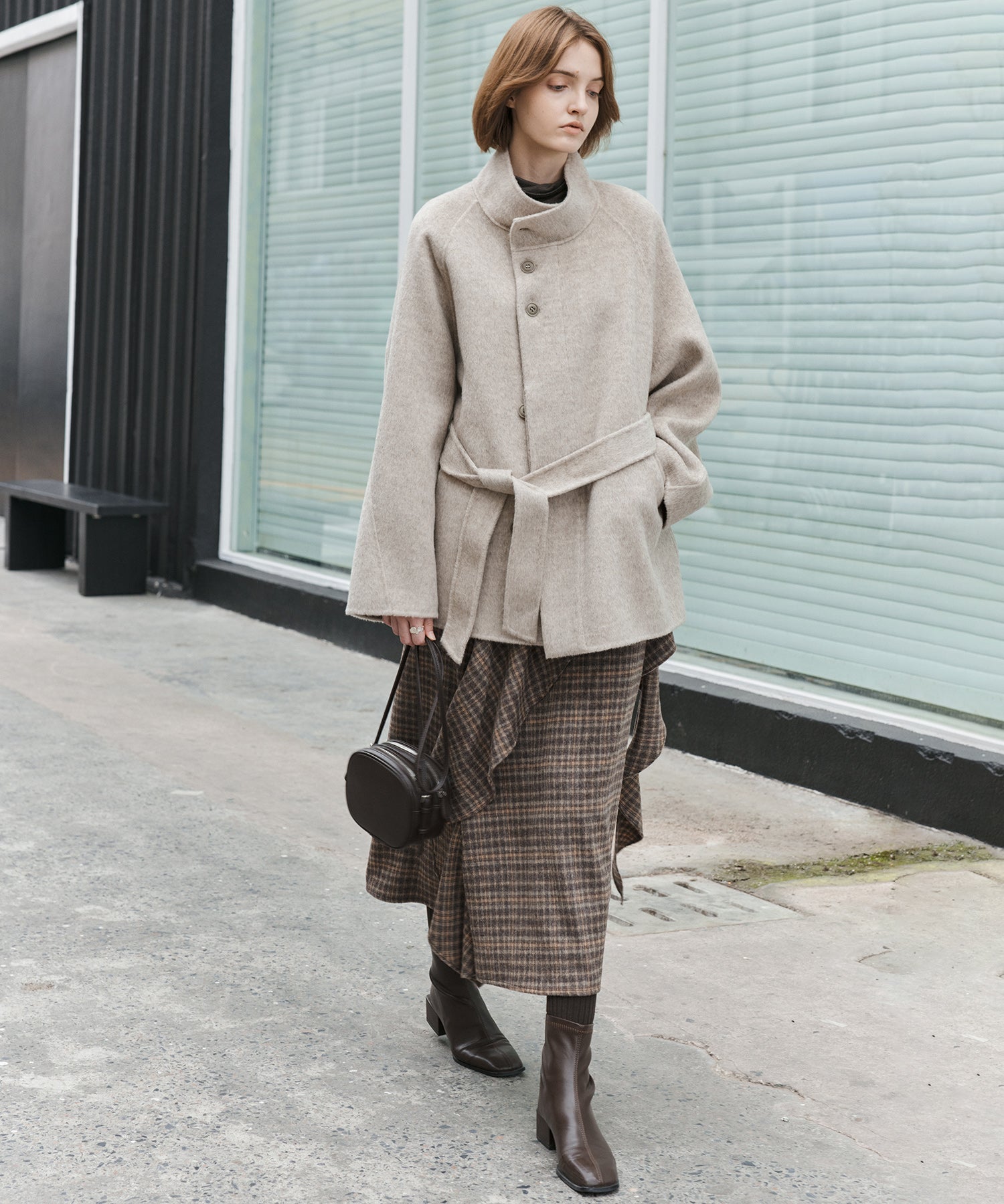 Wool Blend Irregular Flake Detail Yarn-Dyed Vintage Check Brushed A-Line Midi Skirt