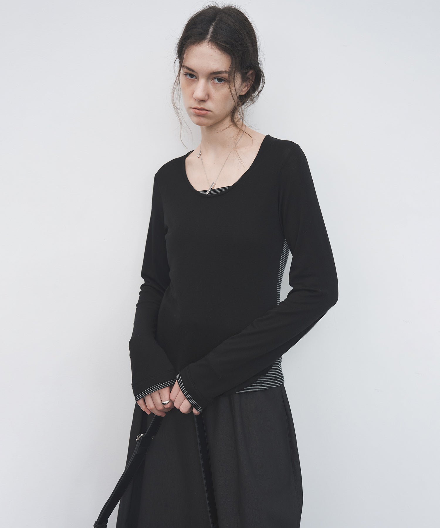 Layered Style U-Neck Stripe Top – Wool Blend