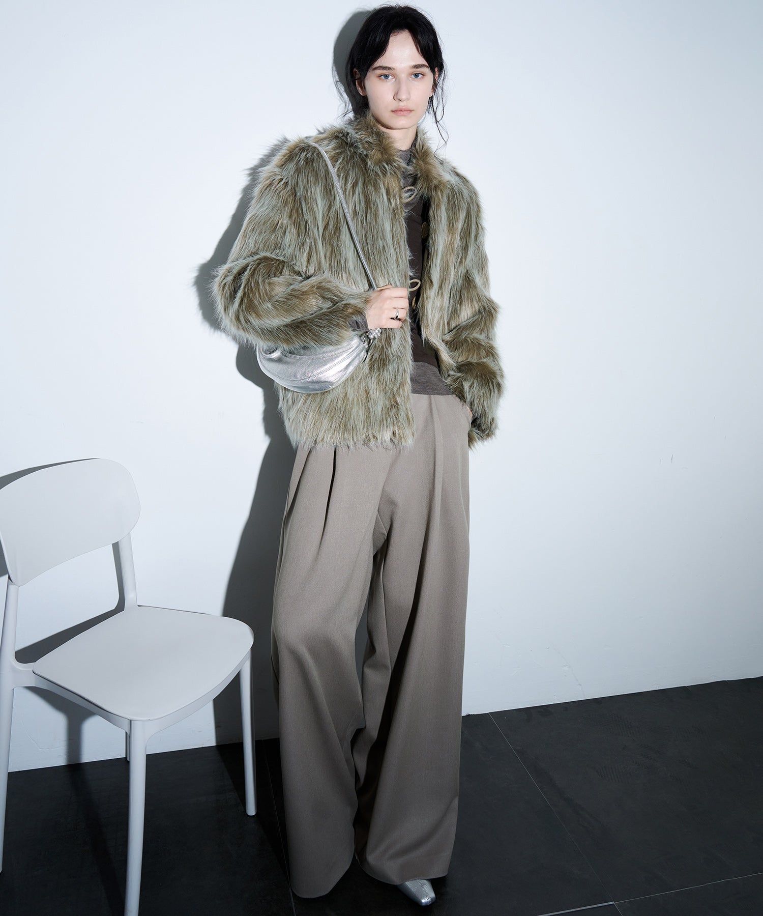 Long Faux-Fur Lapel Coat