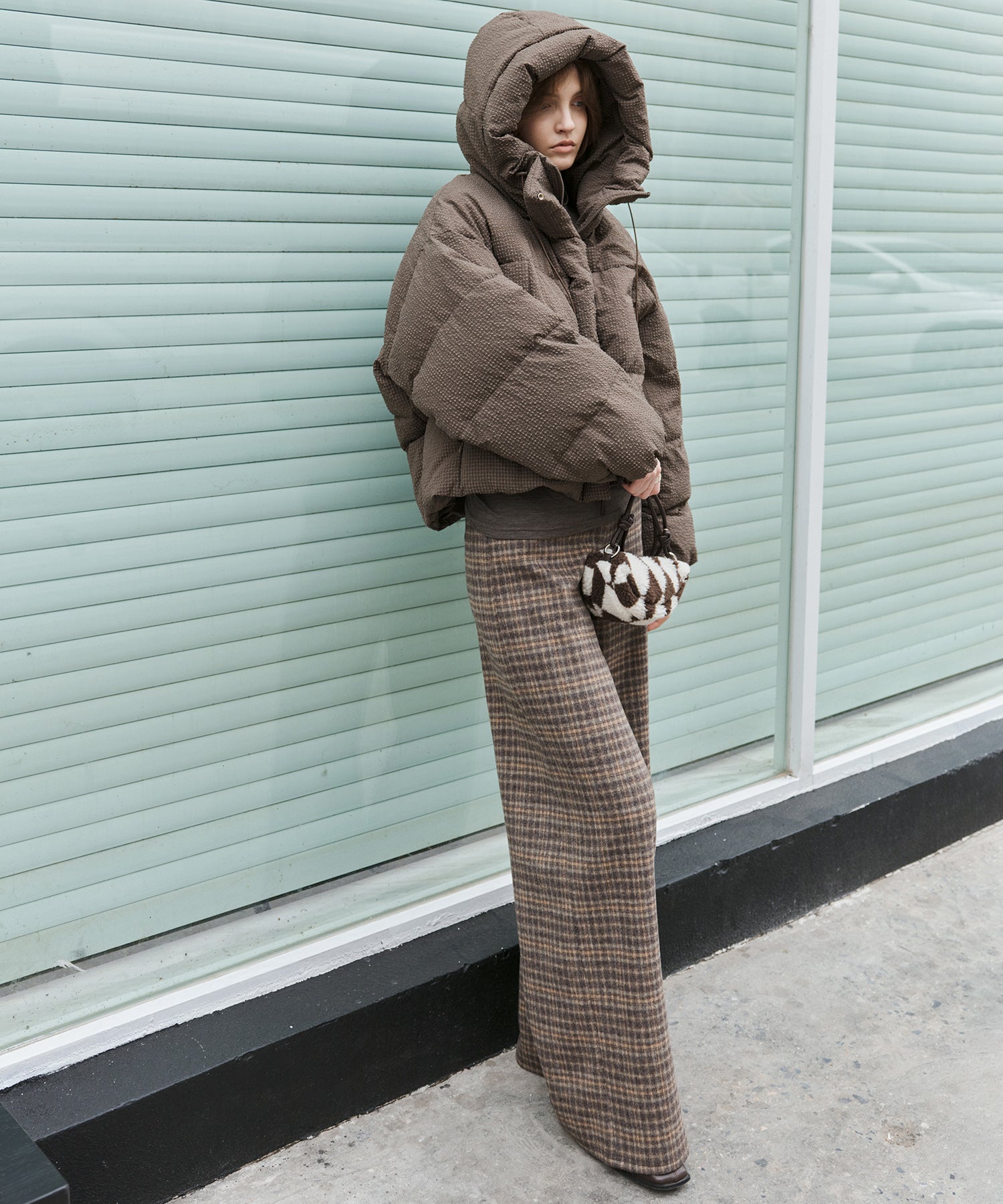 Wool Blend Yarn-Dyed Vintage Check Brushed Wide-Leg Pants