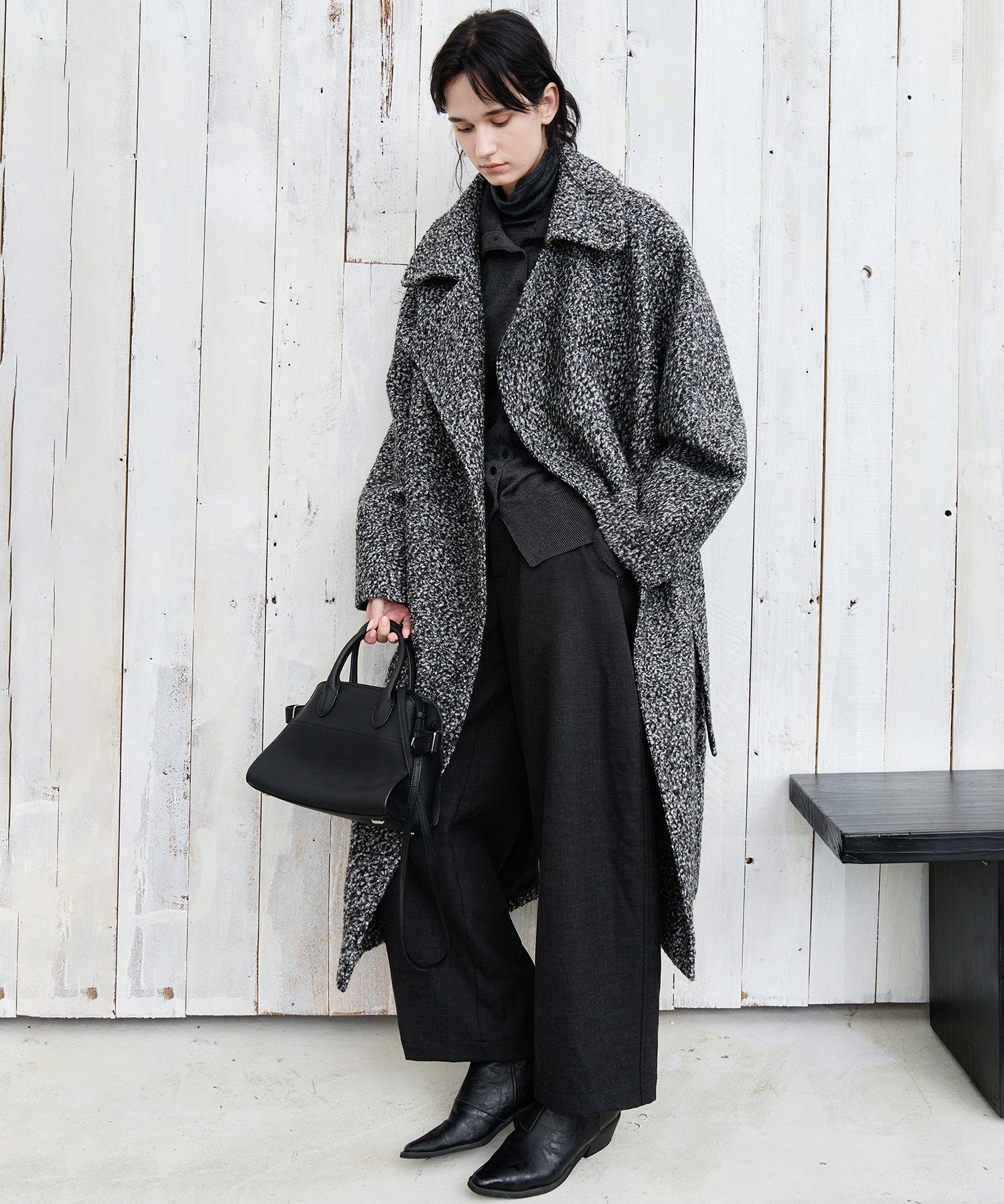 Mixed-Color Bouclé Wool Lapel Long Coat