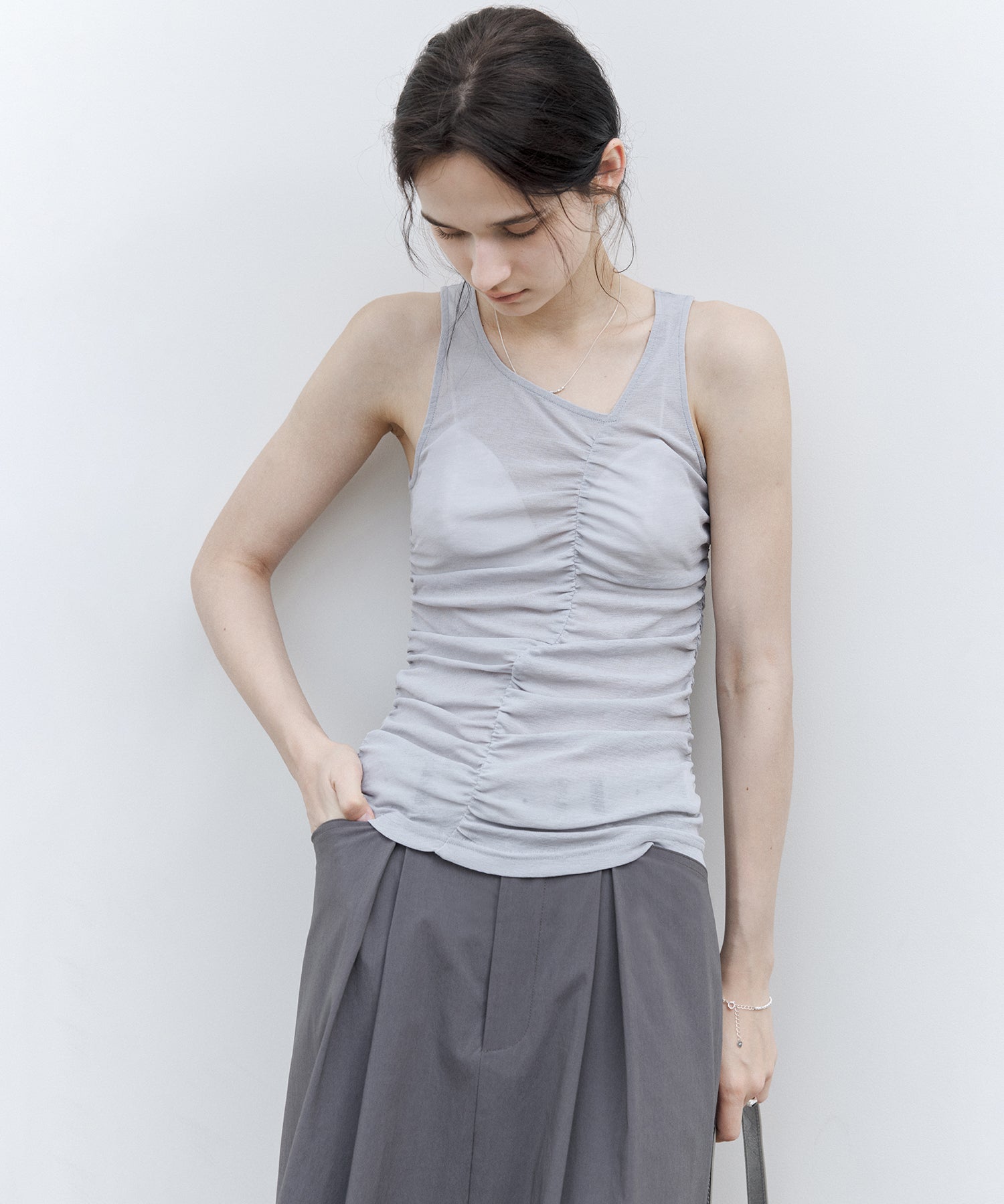 Asymmetric Gather Sheer Sleeveless Top