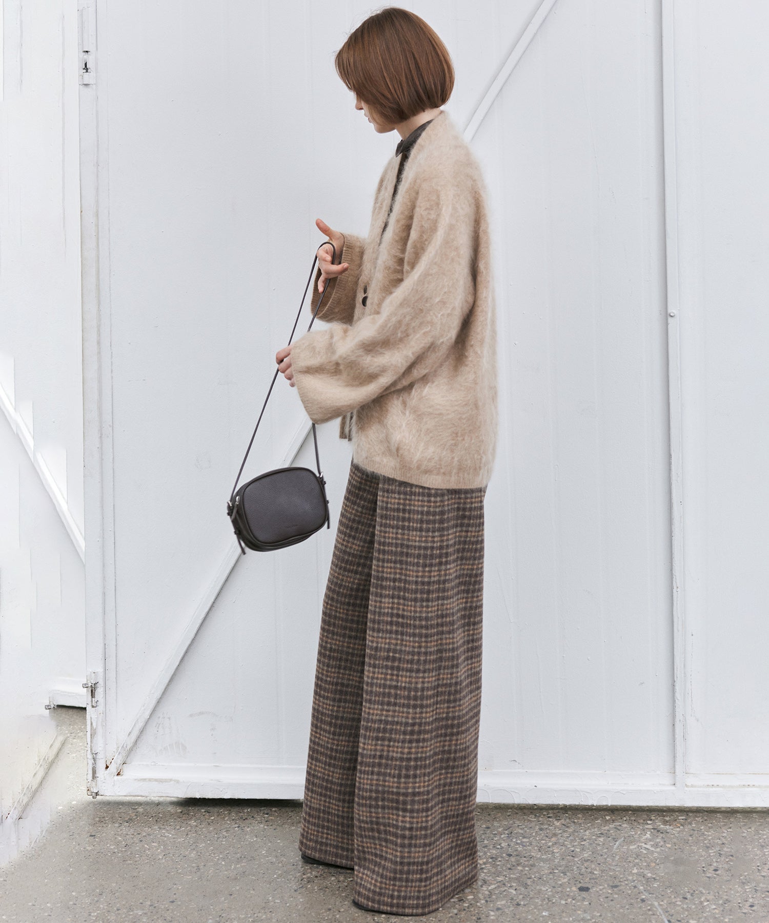 Wool Blend Yarn-Dyed Vintage Check Brushed Wide-Leg Pants