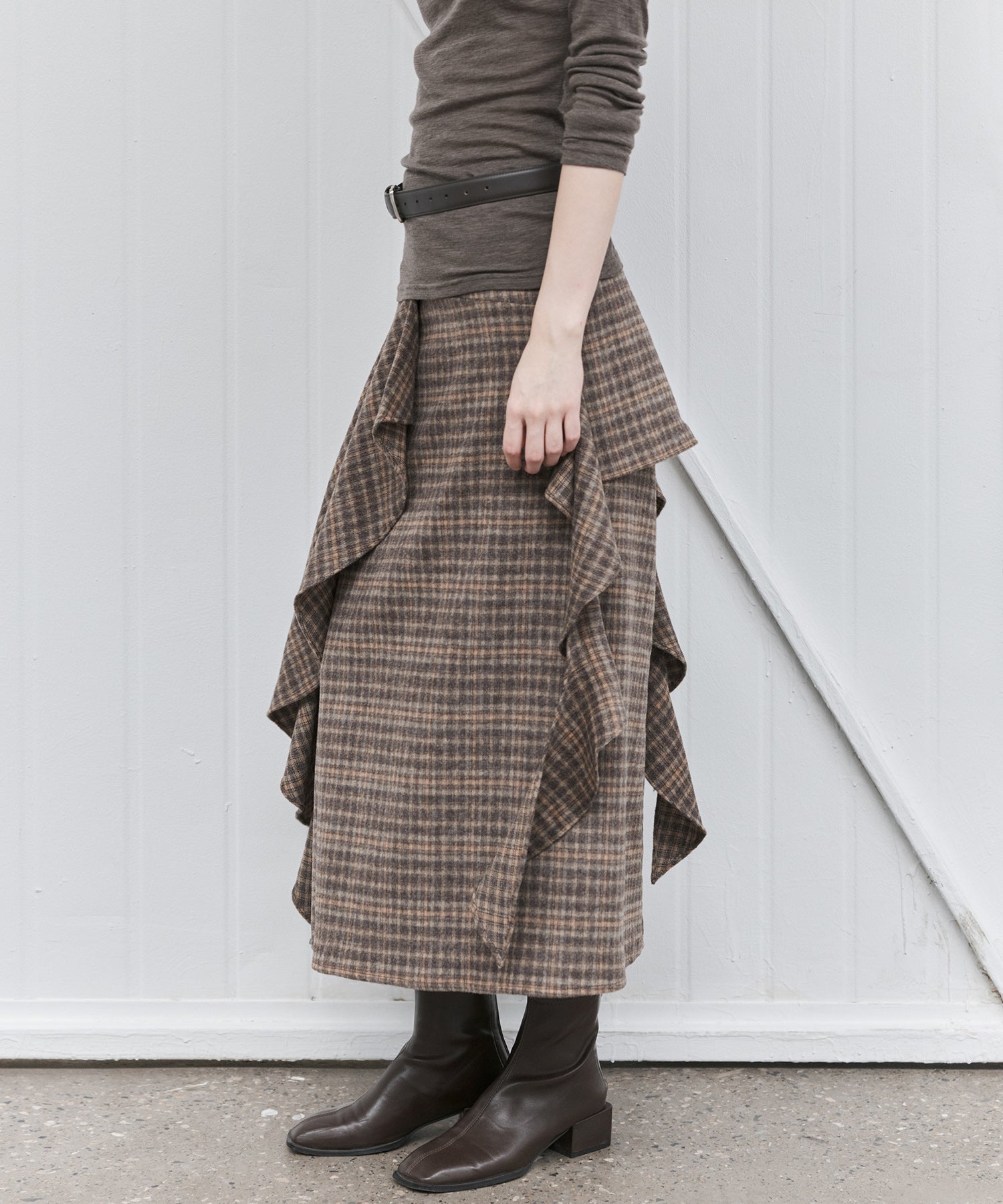 Wool Blend Irregular Flake Detail Yarn-Dyed Vintage Check Brushed A-Line Midi Skirt