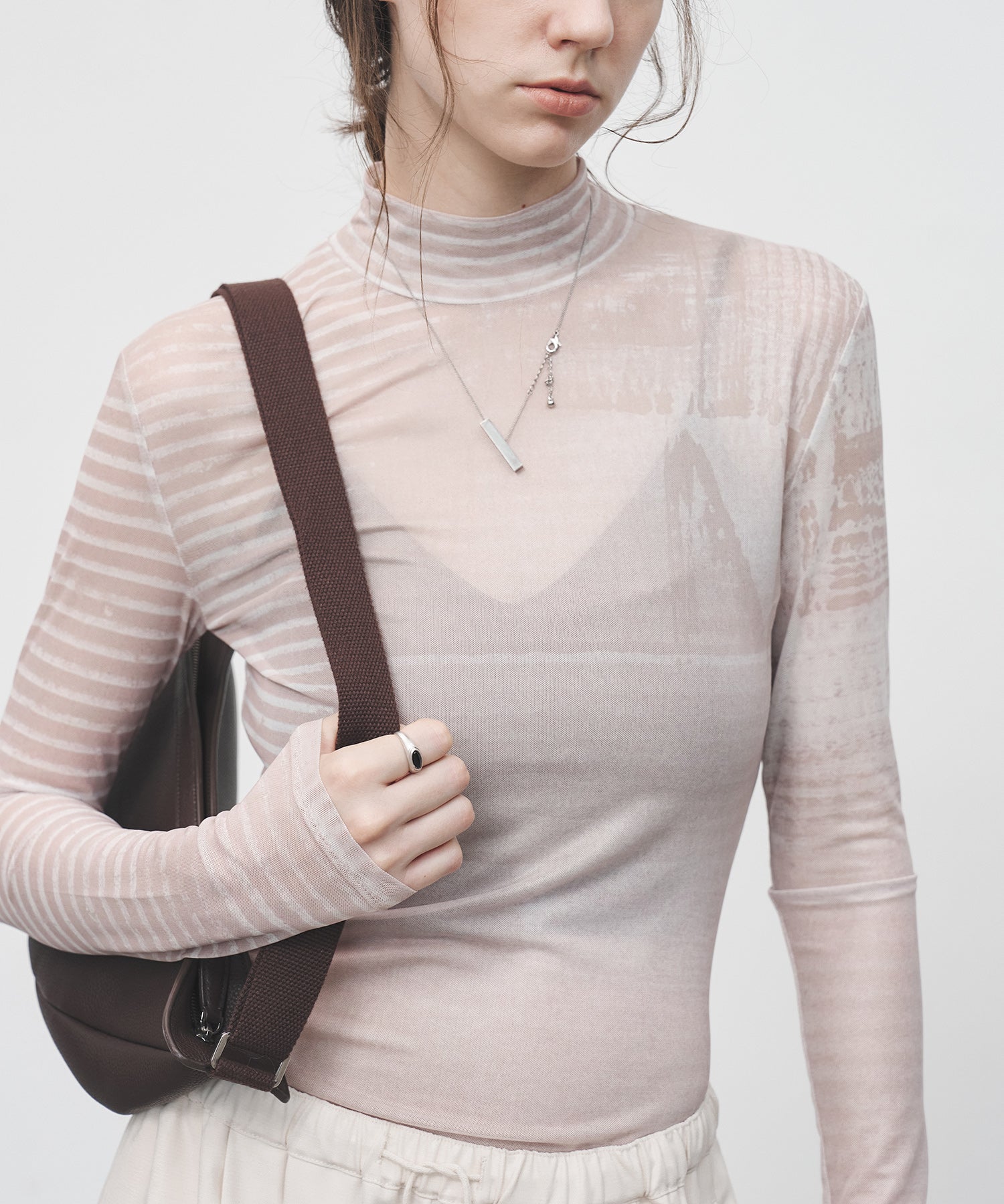 Digital Art Mesh Top – Sheer Mock Neck Fitted Layer
