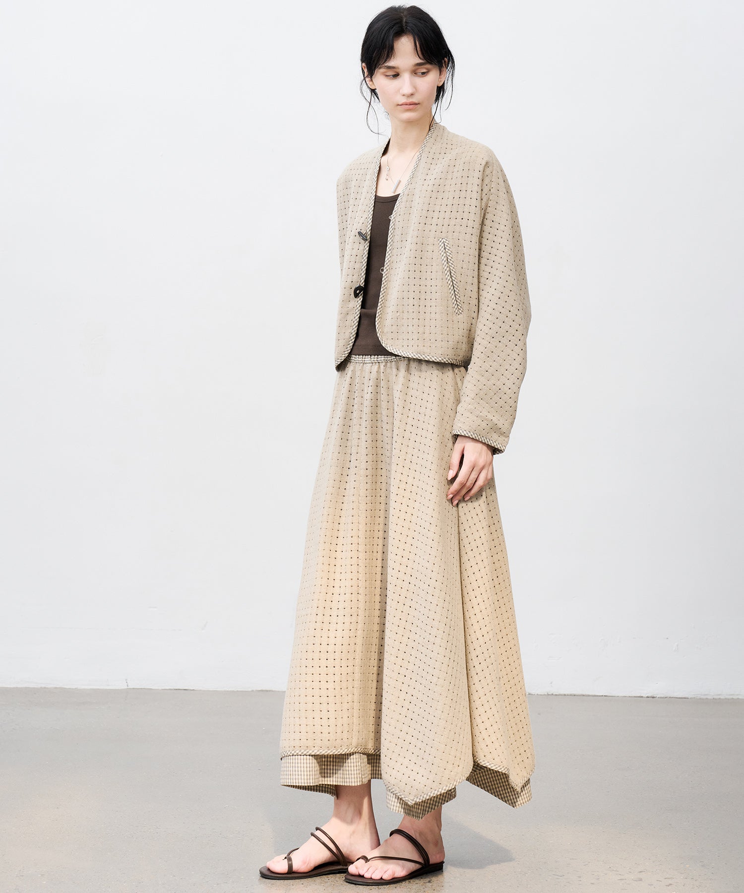 Cut-Out Layered High-Waist A-Line Midi Flare Skirt