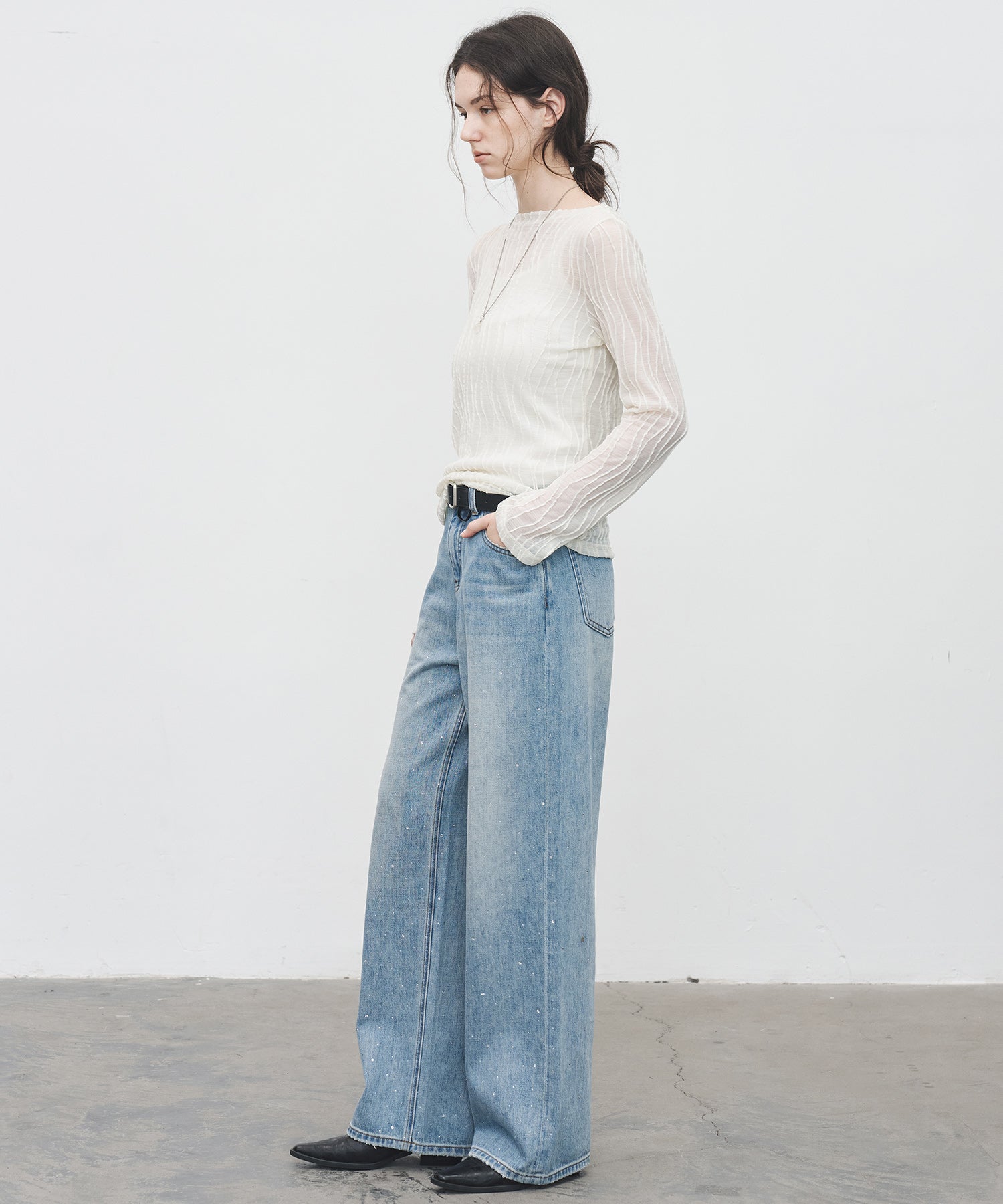 Jacquard Mesh Boat Neck Top – Sheer Long Sleeve Tee