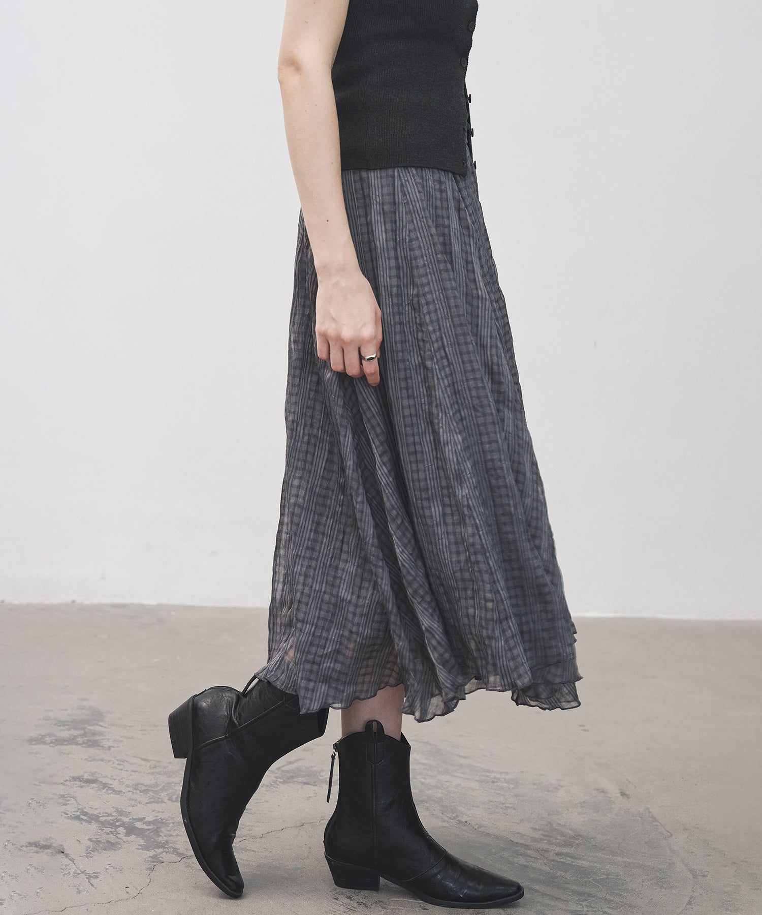 Asymmetric Hem Crinkled Check Midi Skirt – A-Line Silhouette