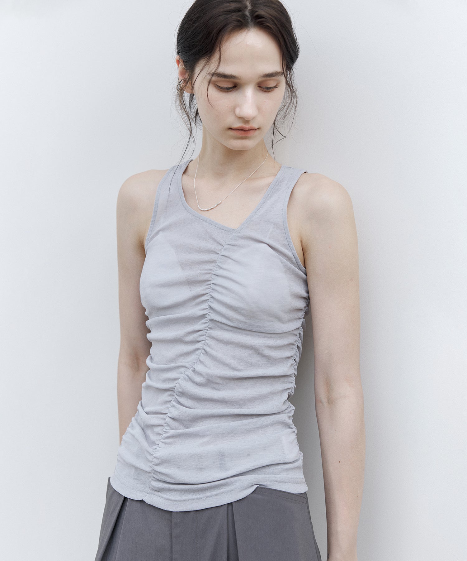 Asymmetric Gather Sheer Sleeveless Top