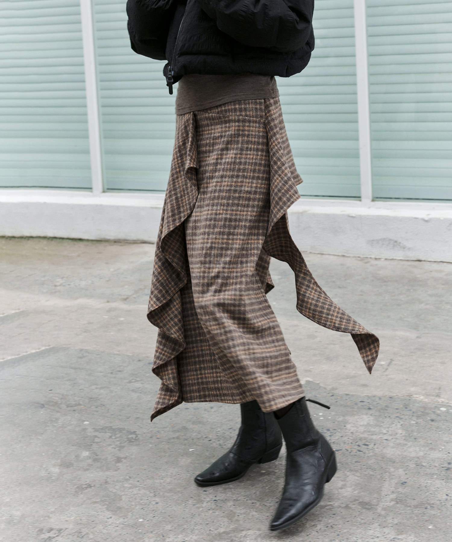 Wool Blend Irregular Flake Detail Yarn-Dyed Vintage Check Brushed A-Line Midi Skirt