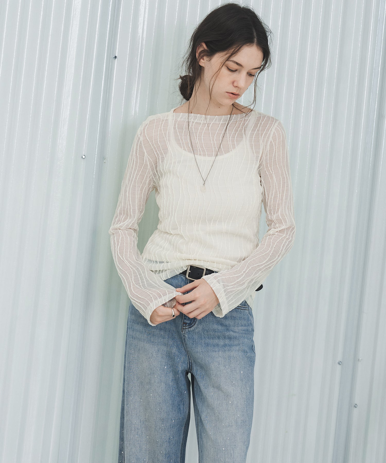 Jacquard Mesh Boat Neck Top – Sheer Long Sleeve Tee