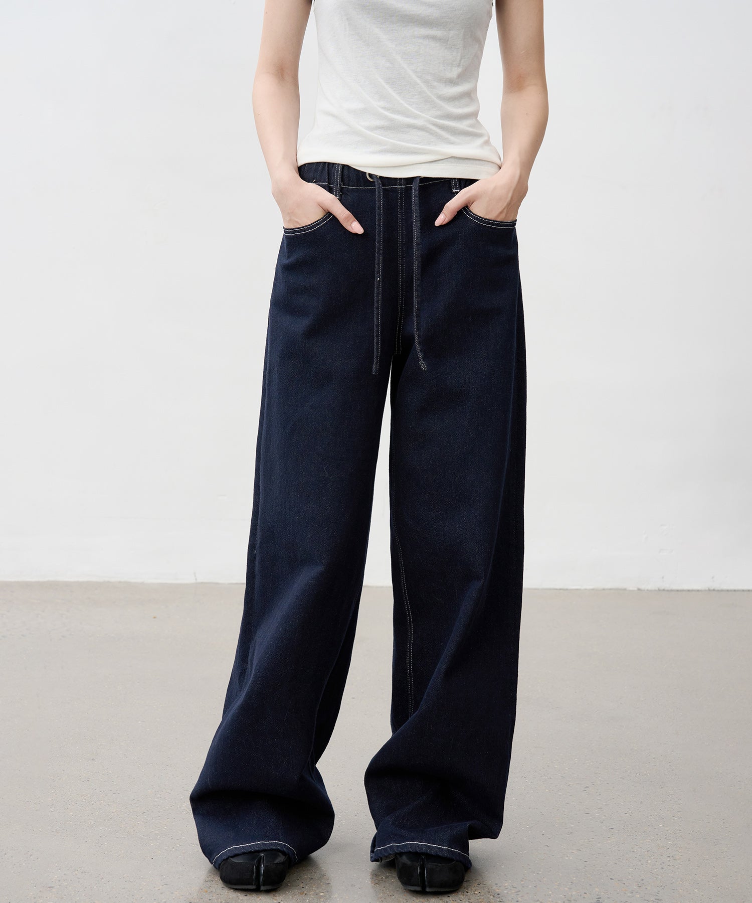 Drawstring Straight Washed Denim Pants