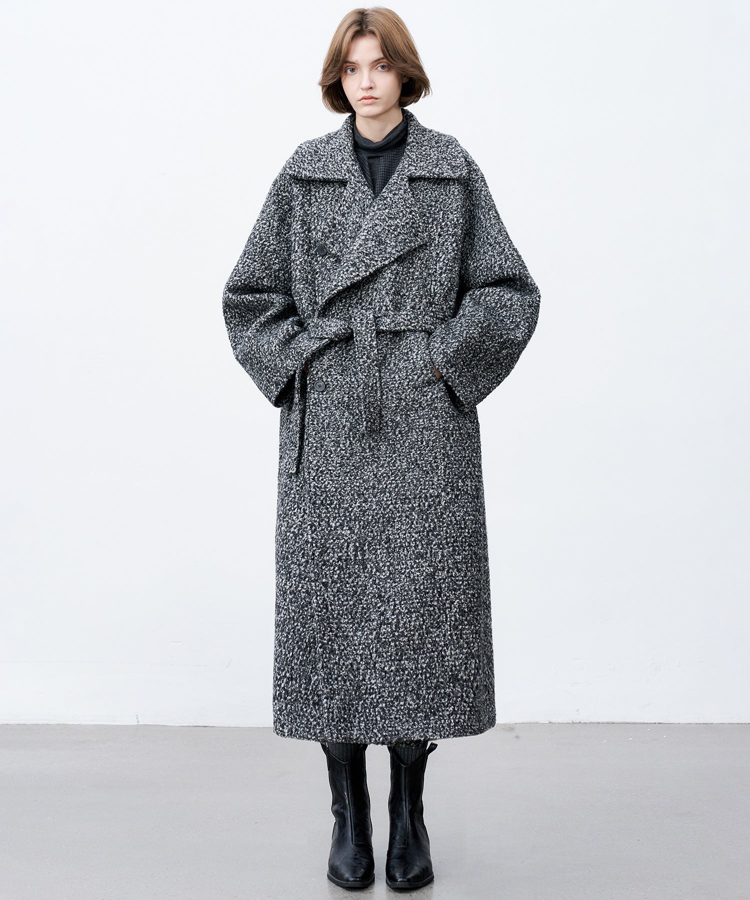Mixed-Color Bouclé Wool Lapel Long Coat
