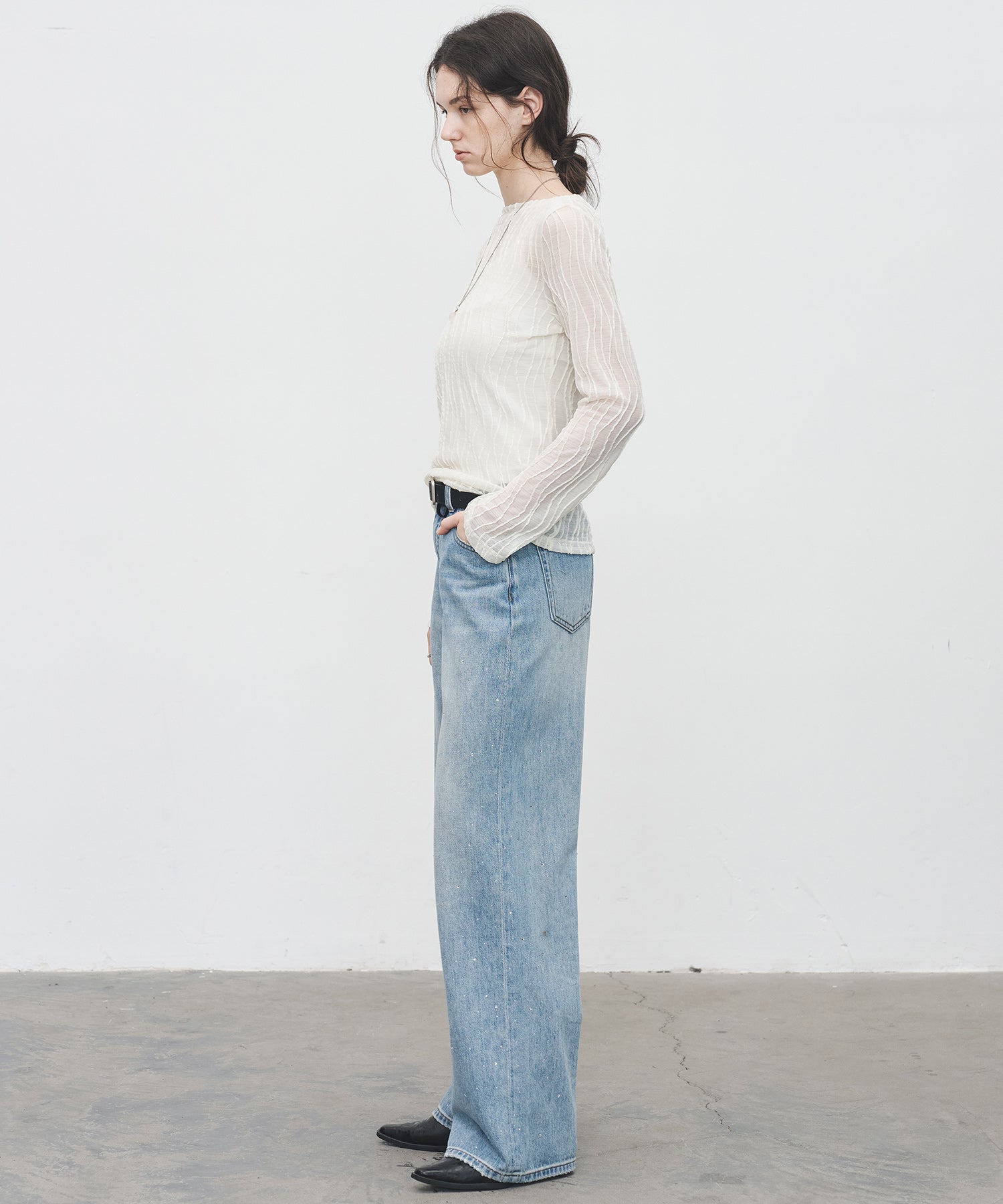 Jacquard Mesh Boat Neck Top – Sheer Long Sleeve Tee