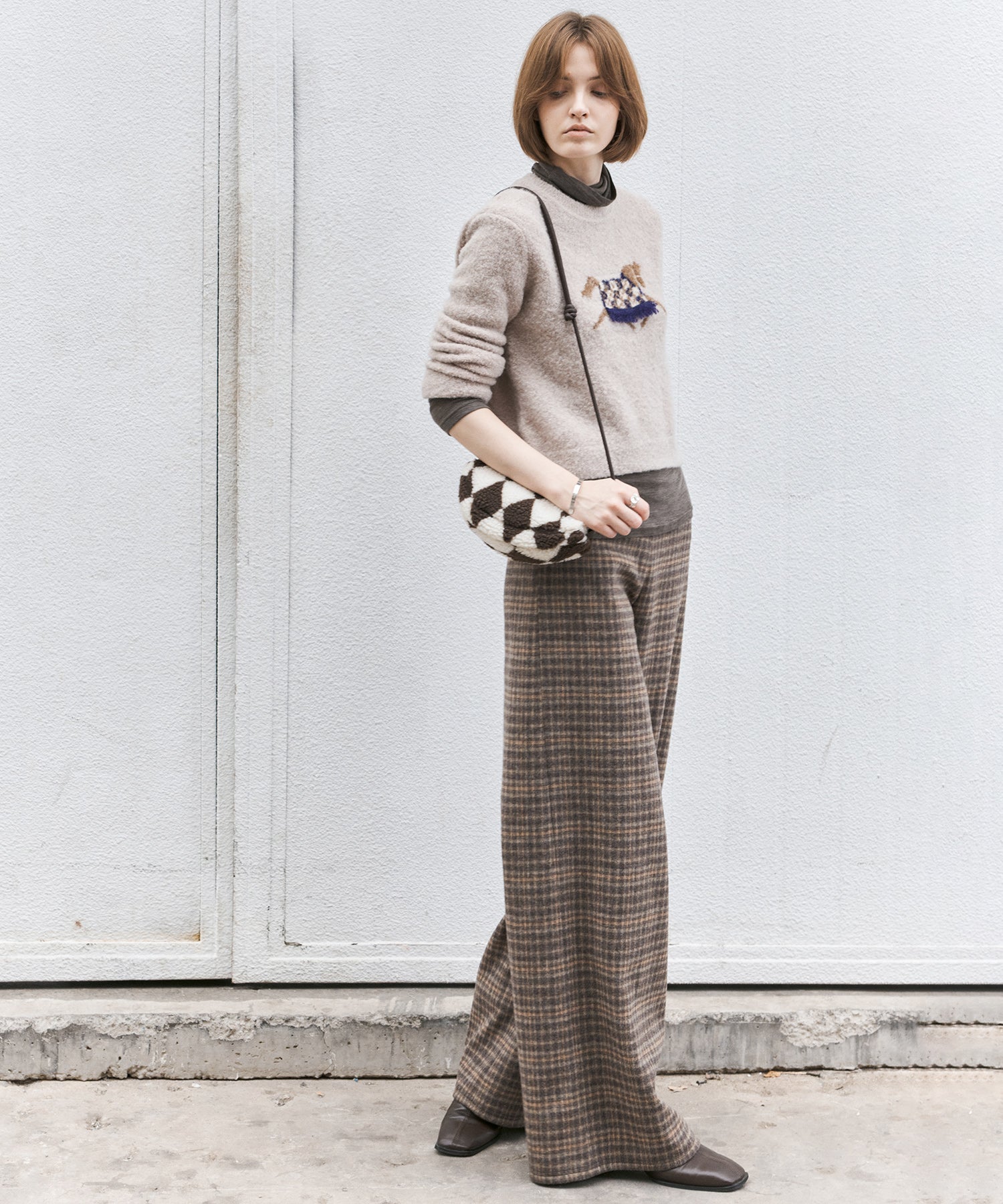 Wool Blend Yarn-Dyed Vintage Check Brushed Wide-Leg Pants