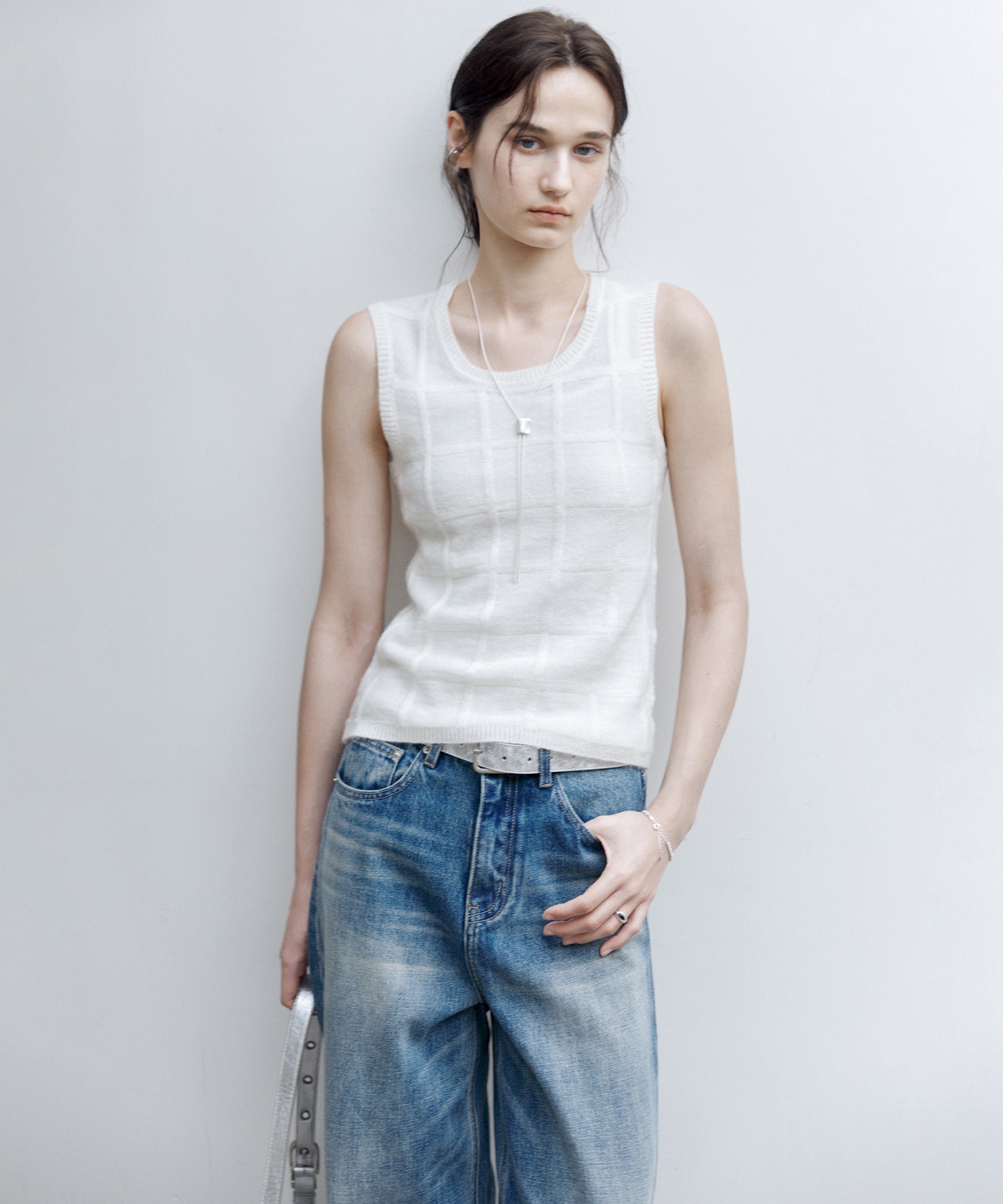 Sheer Check Knit Sleeveless Top