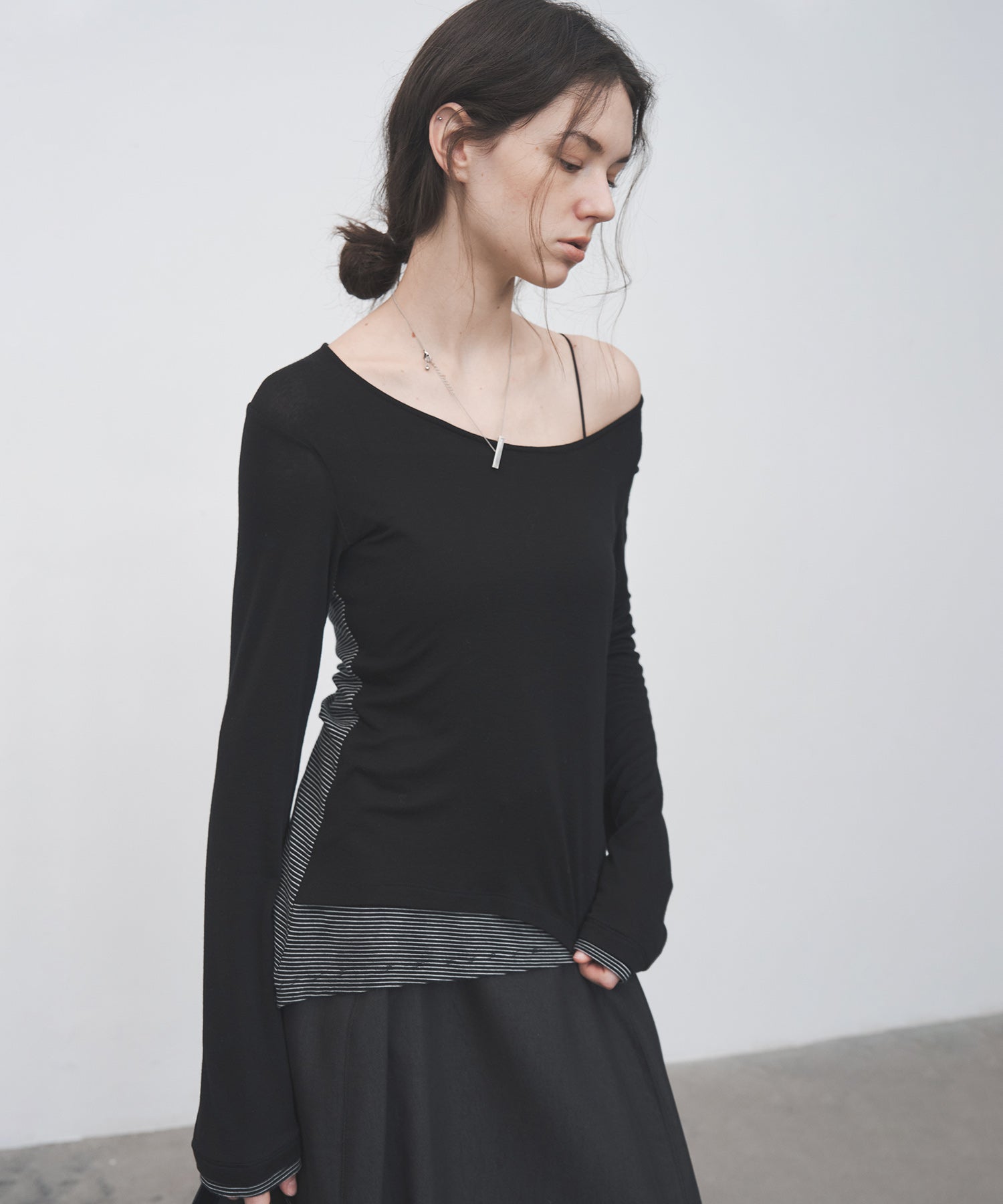 Layered Style U-Neck Stripe Top – Wool Blend