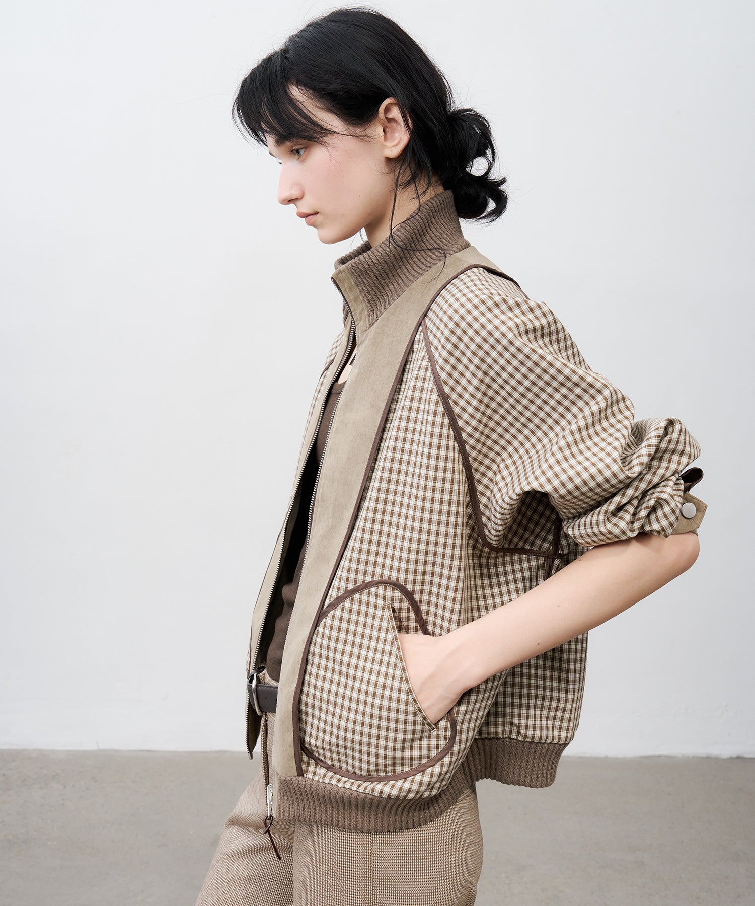 Reverse-Look Oversized Cropped Check Short Jacket