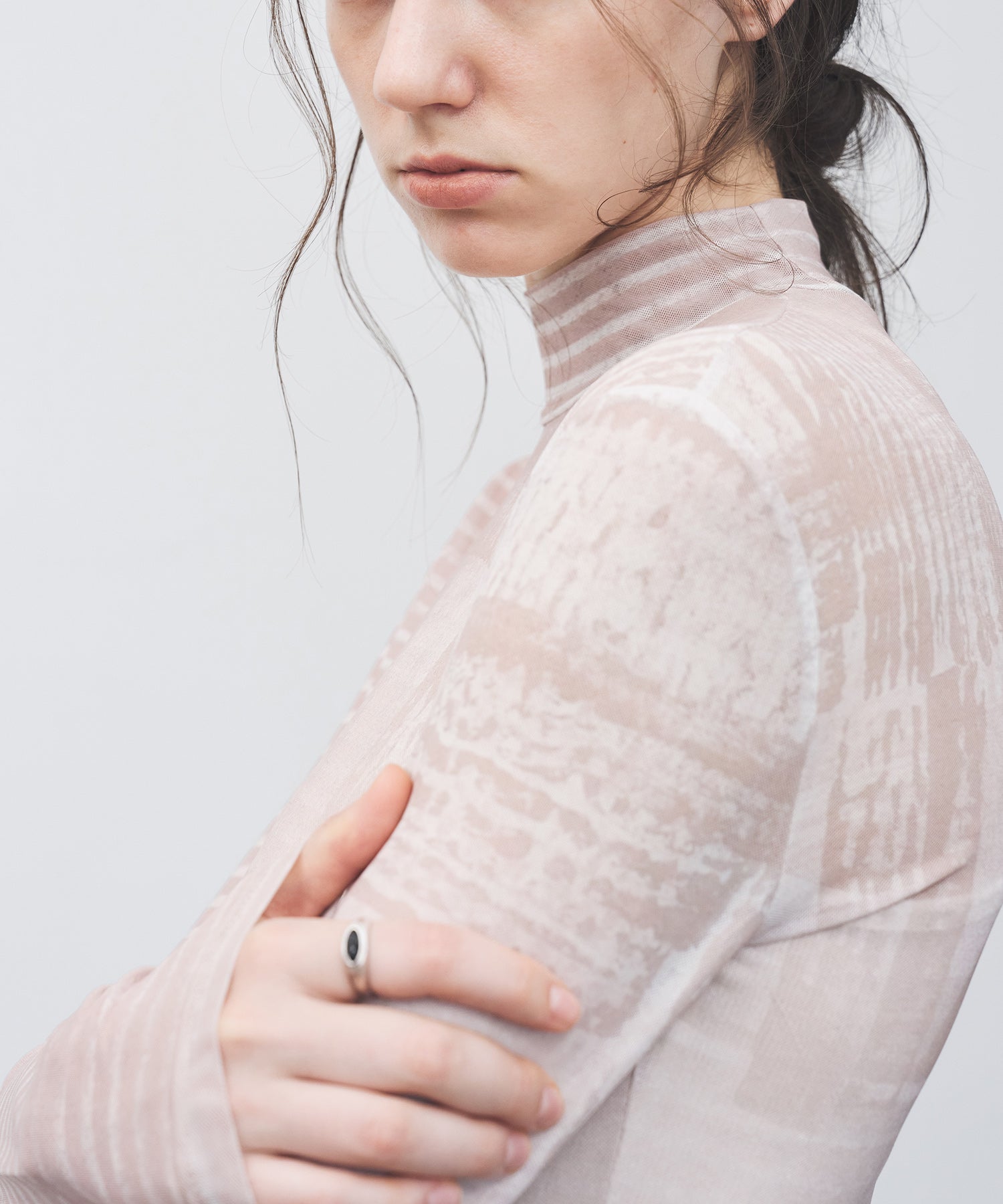 Digital Art Mesh Top – Sheer Mock Neck Fitted Layer