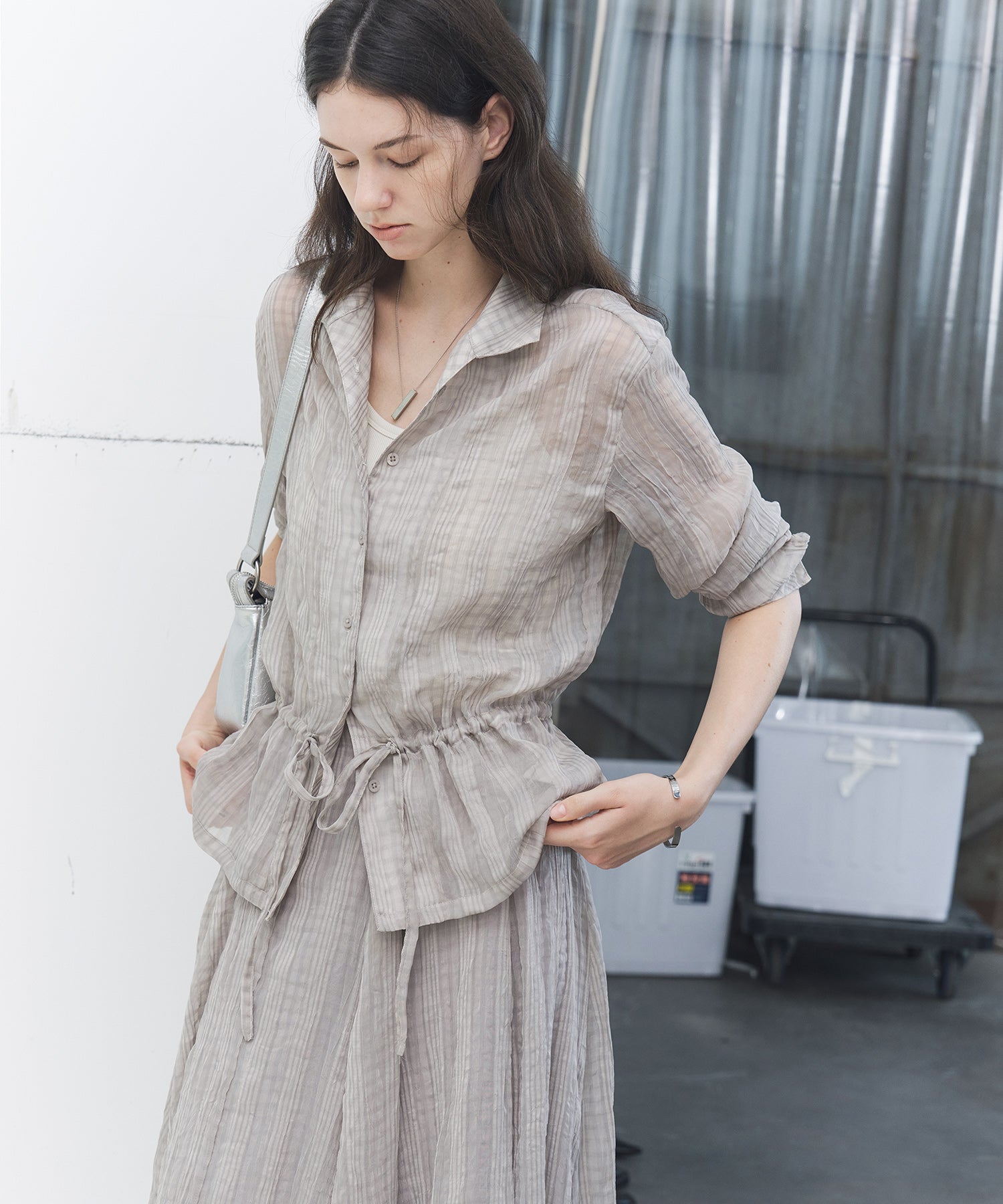 Drawstring Crinkled Check Shirt Jacket – Oversized Fit