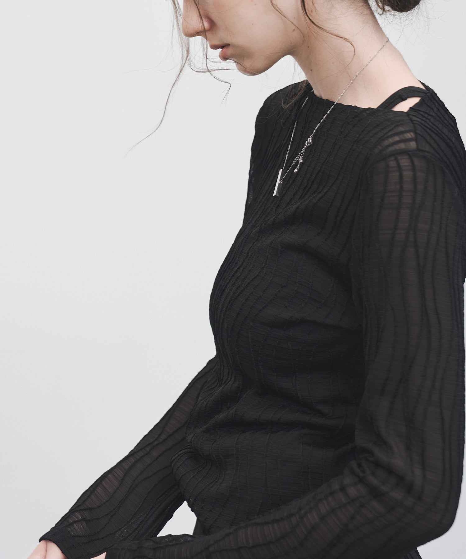 Jacquard Mesh Boat Neck Top – Sheer Long Sleeve Tee