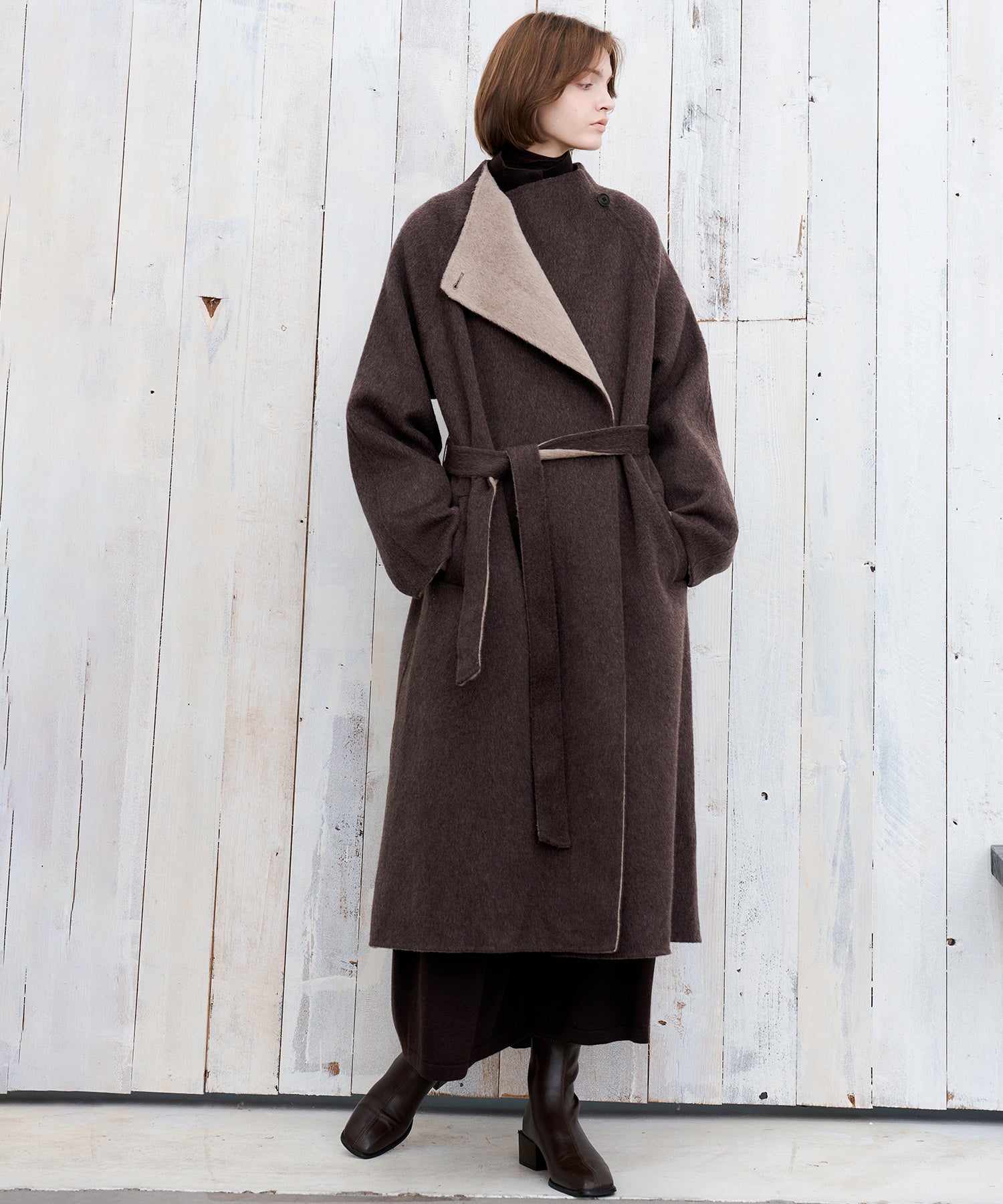 100% Wool Overlap Collar Double-Faced Long Coat