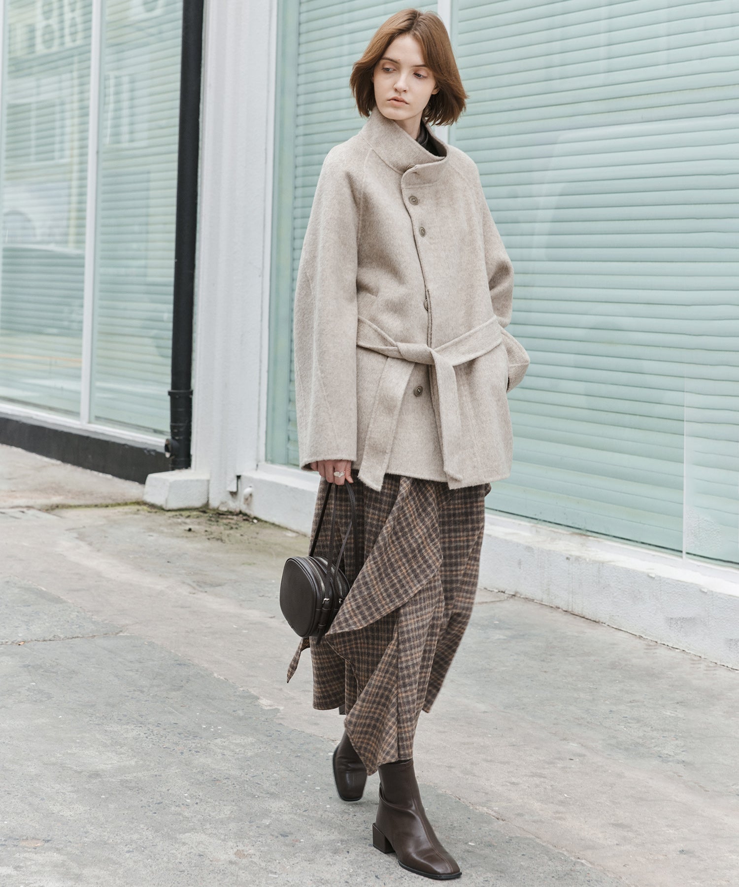 Wool Blend Irregular Flake Detail Yarn-Dyed Vintage Check Brushed A-Line Midi Skirt