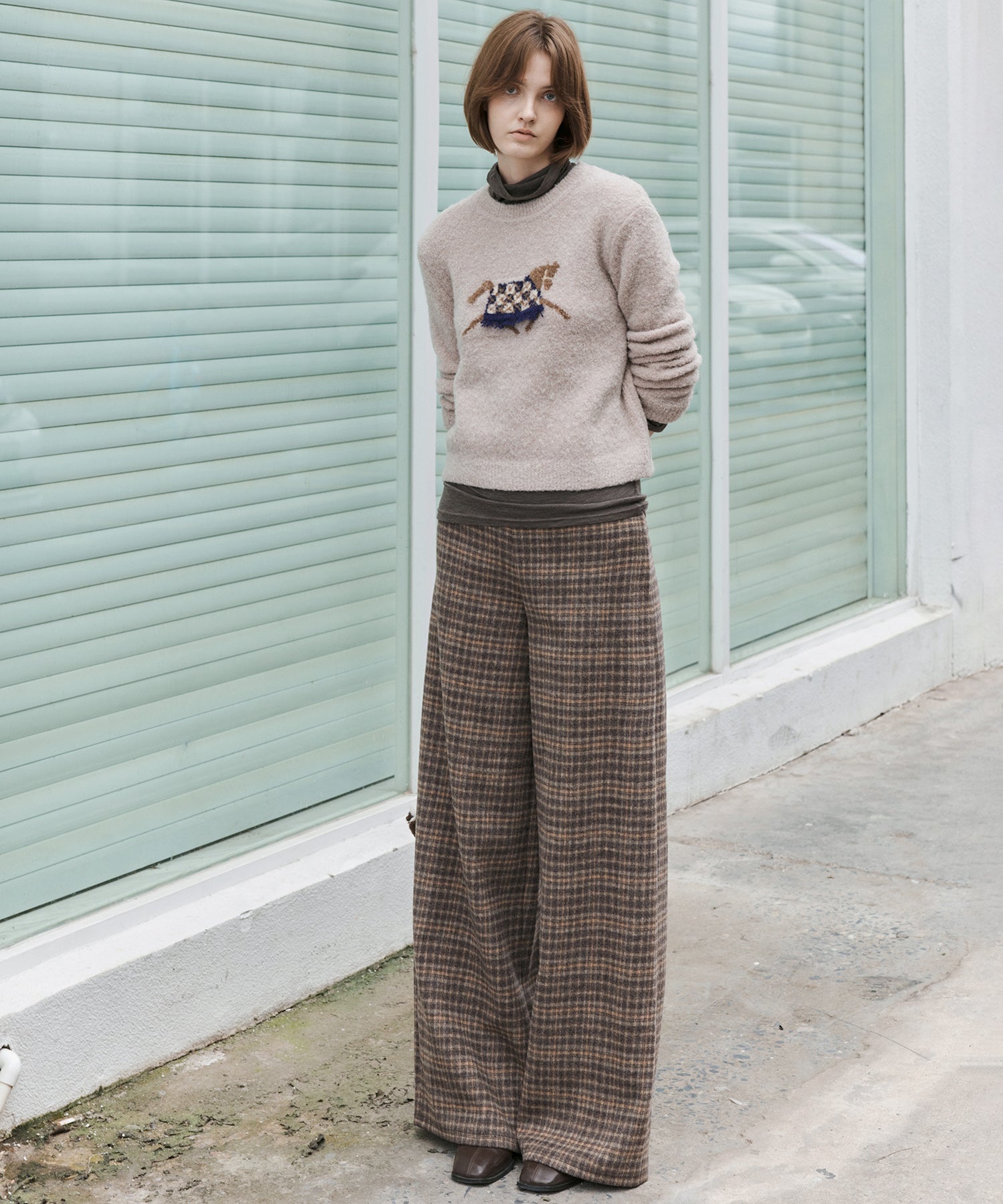 Wool Blend Yarn-Dyed Vintage Check Brushed Wide-Leg Pants