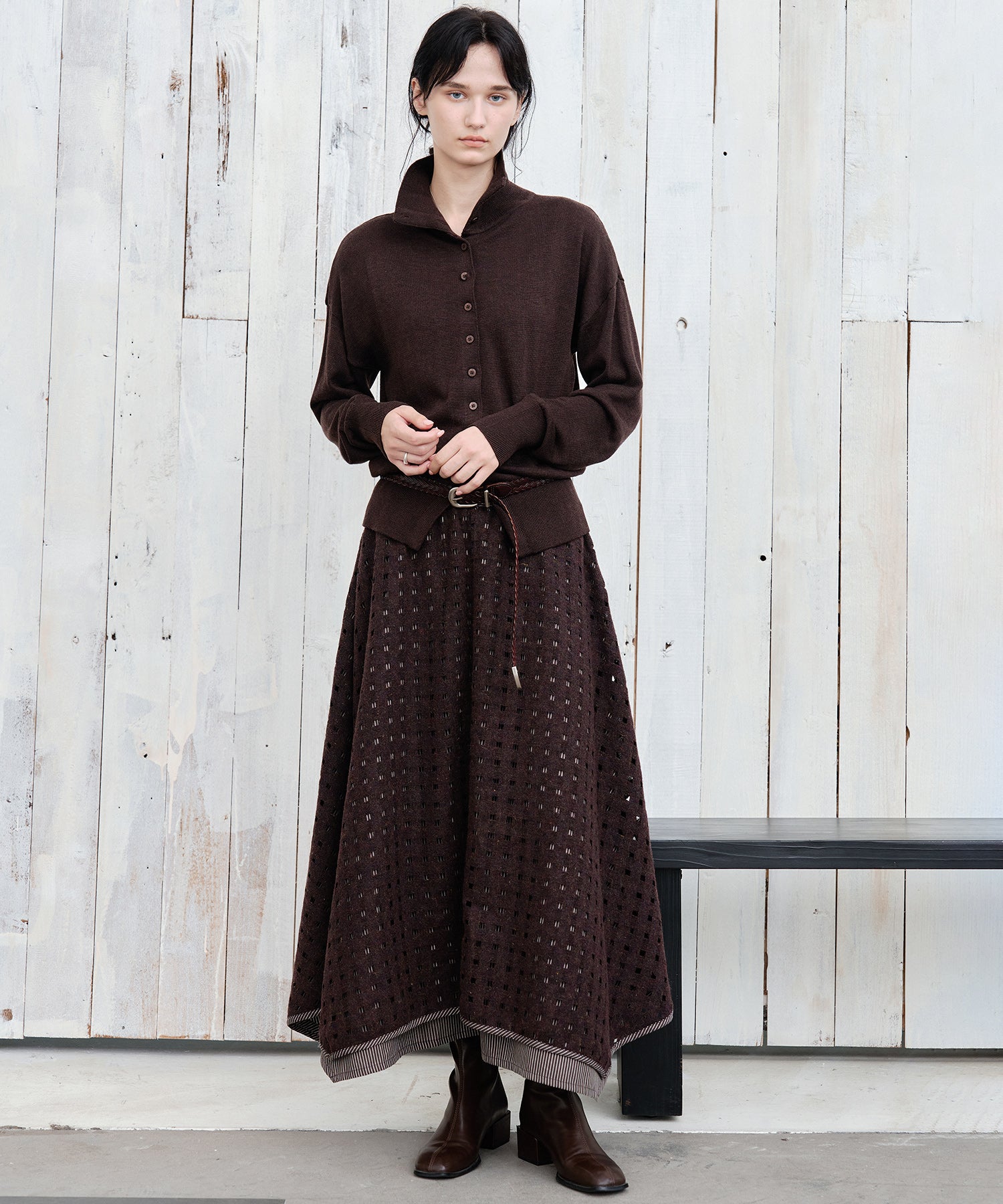 Cut-Out Layered High-Waist A-Line Midi Flare Skirt