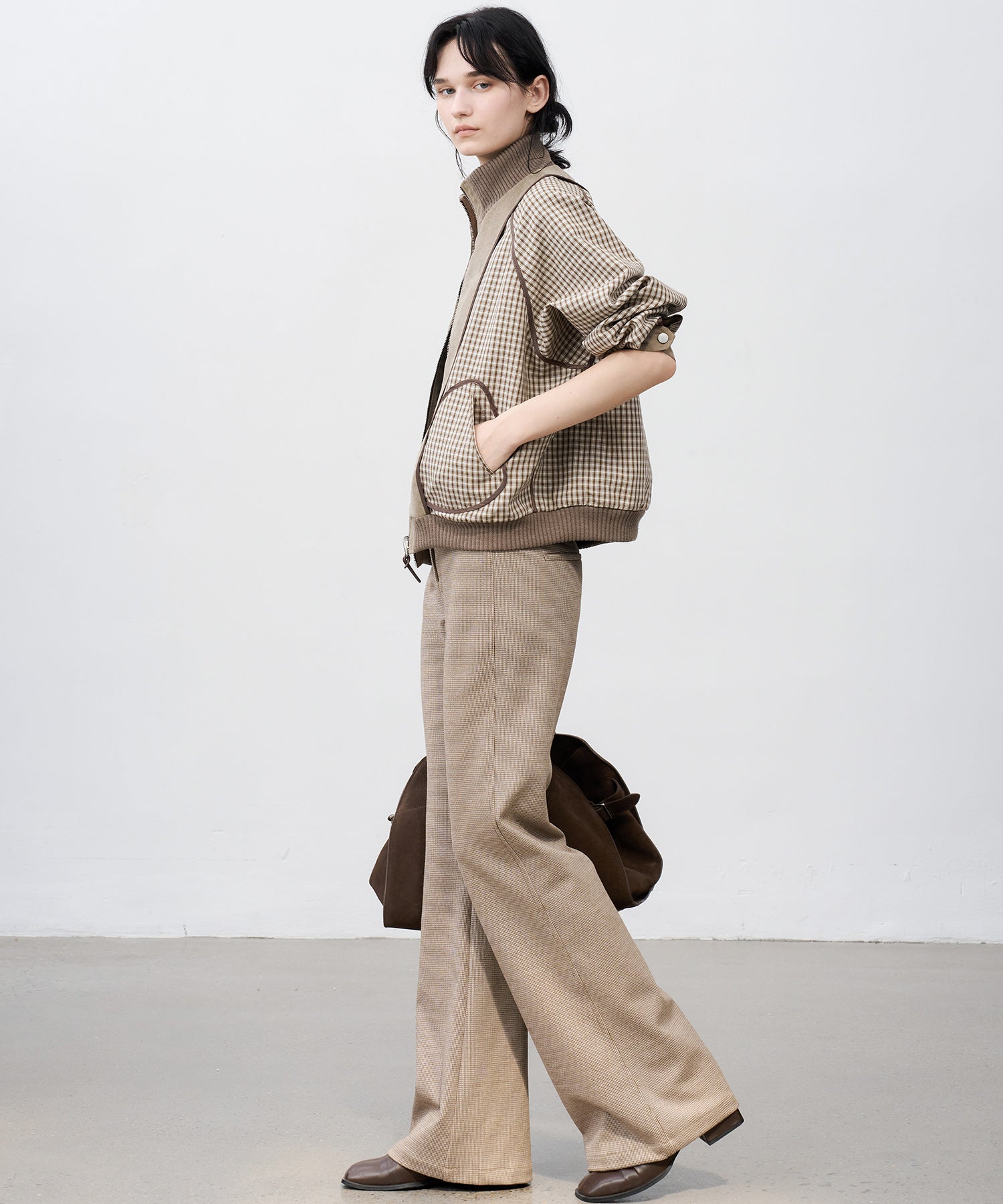 Wool Blend Check Flared Pants