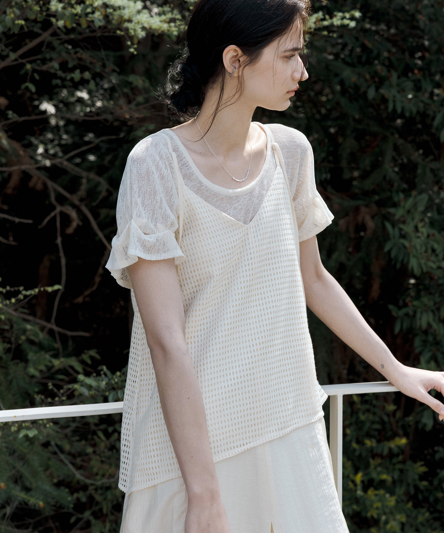 Sheer Gathered Sleeve T-Shirt