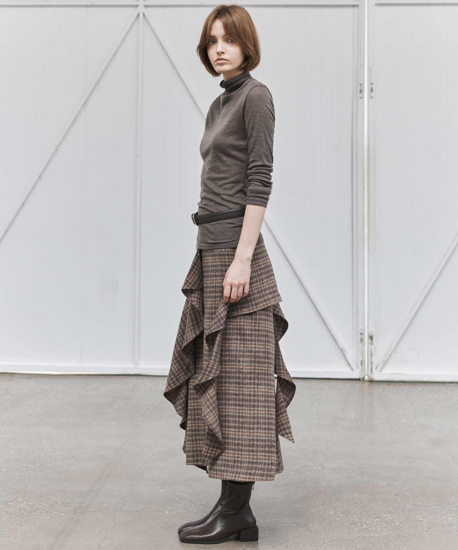 Wool Blend Irregular Flake Detail Yarn-Dyed Vintage Check Brushed A-Line Midi Skirt