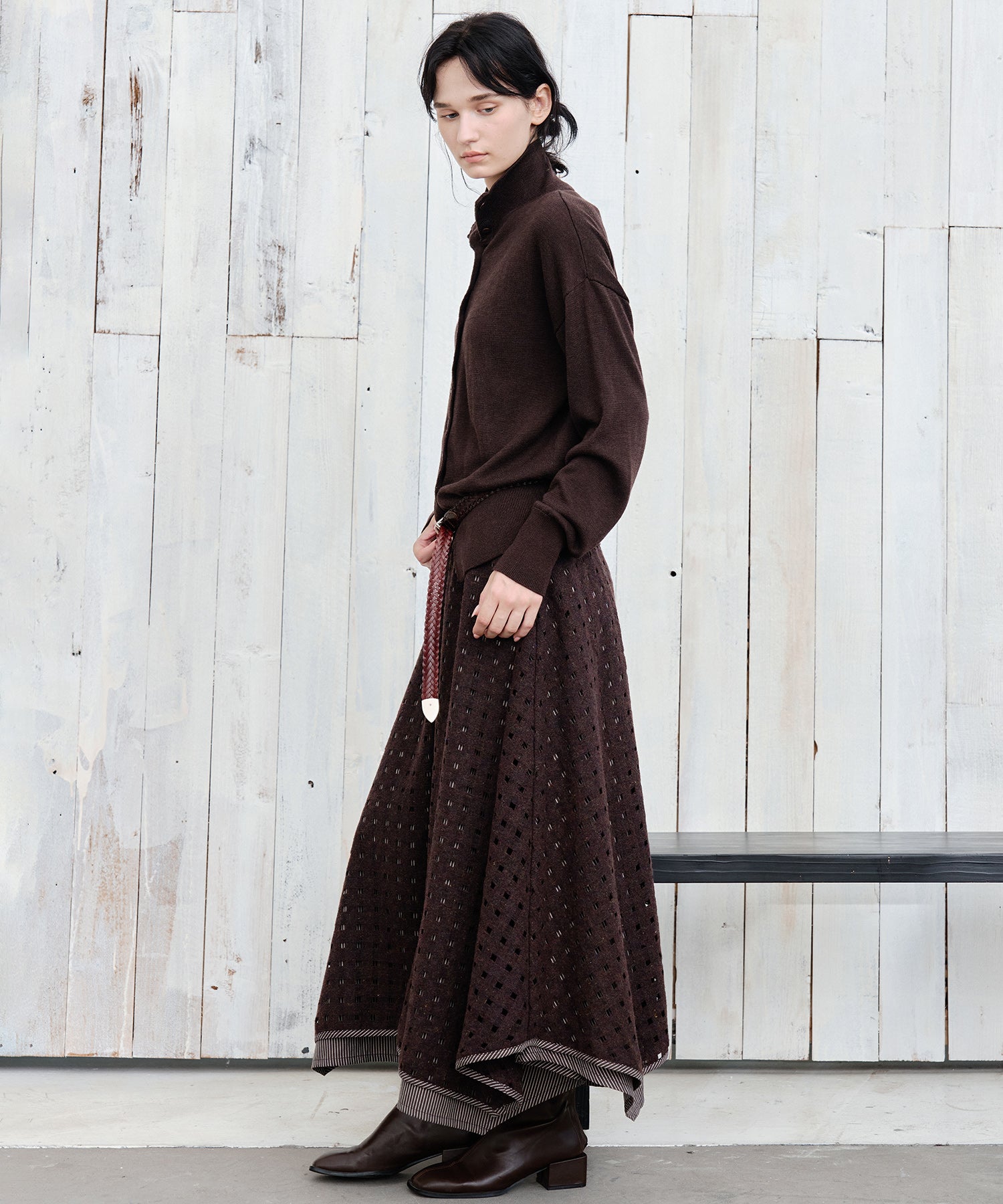 Cut-Out Layered High-Waist A-Line Midi Flare Skirt