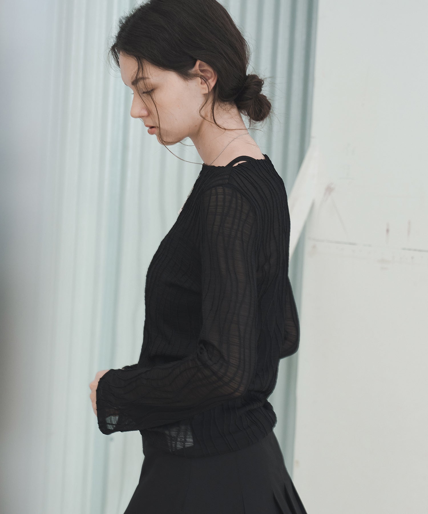 Jacquard Mesh Boat Neck Top – Sheer Long Sleeve Tee