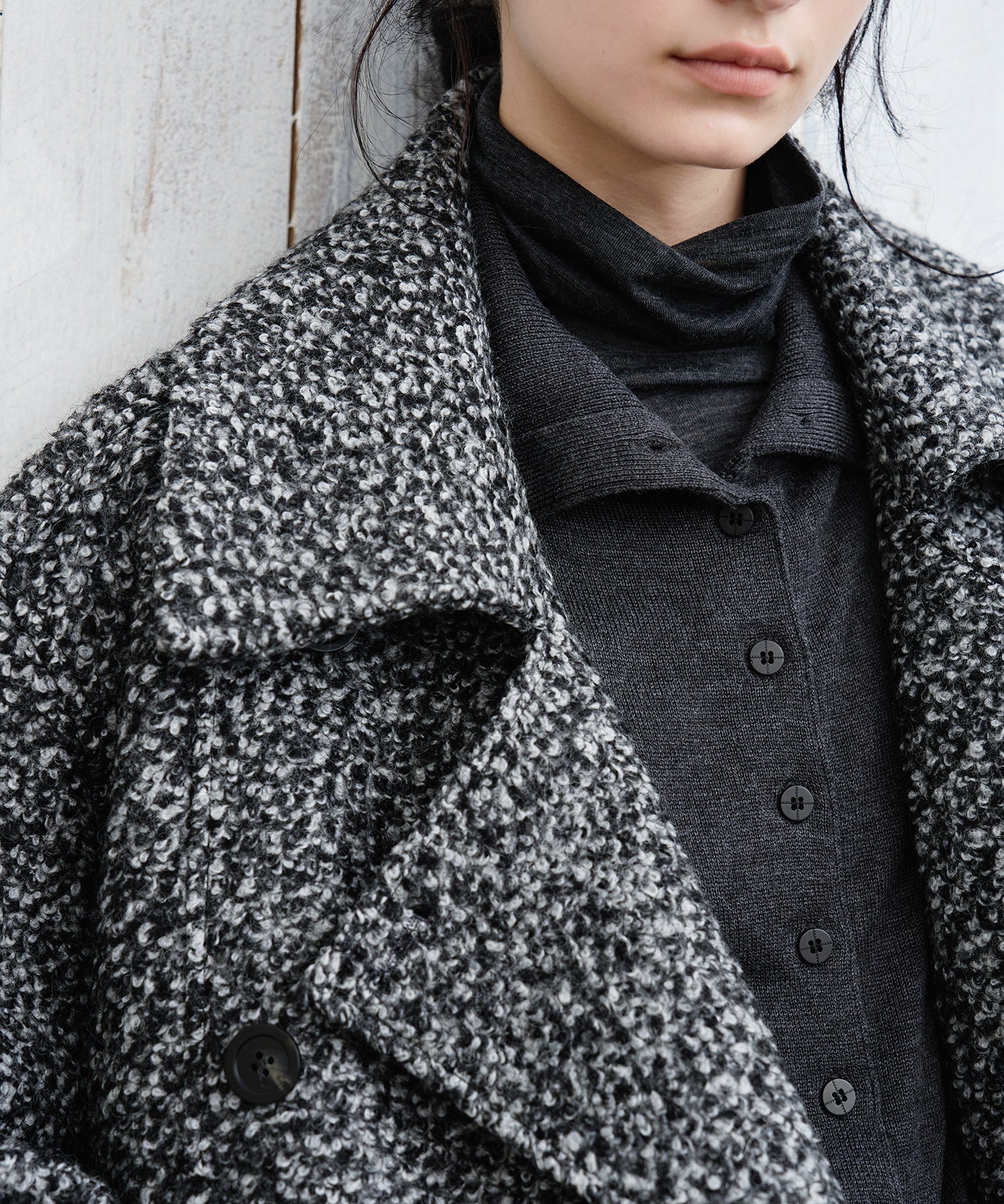 Mixed-Color Bouclé Wool Lapel Long Coat
