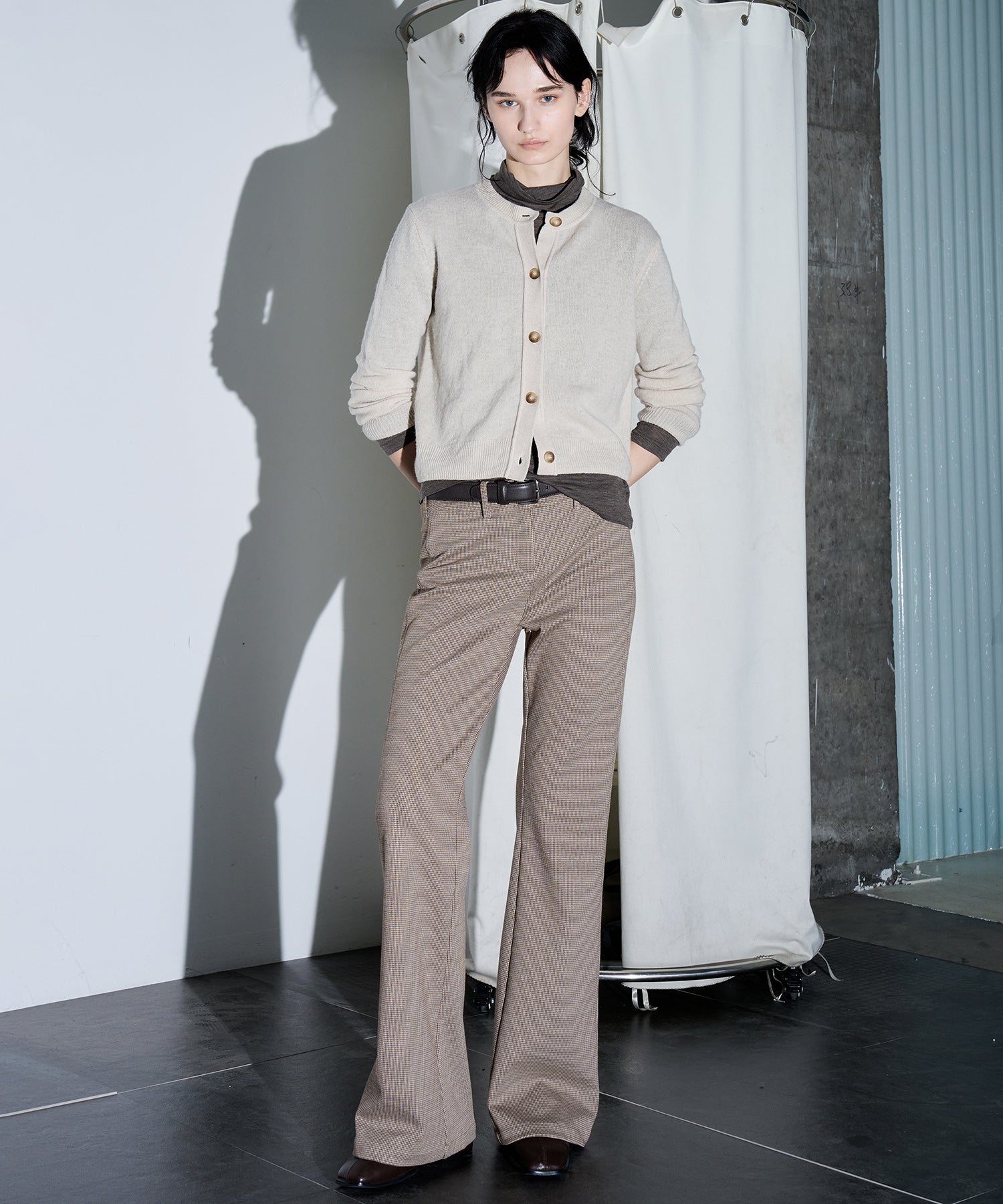 Wool Blend Check Flared Pants