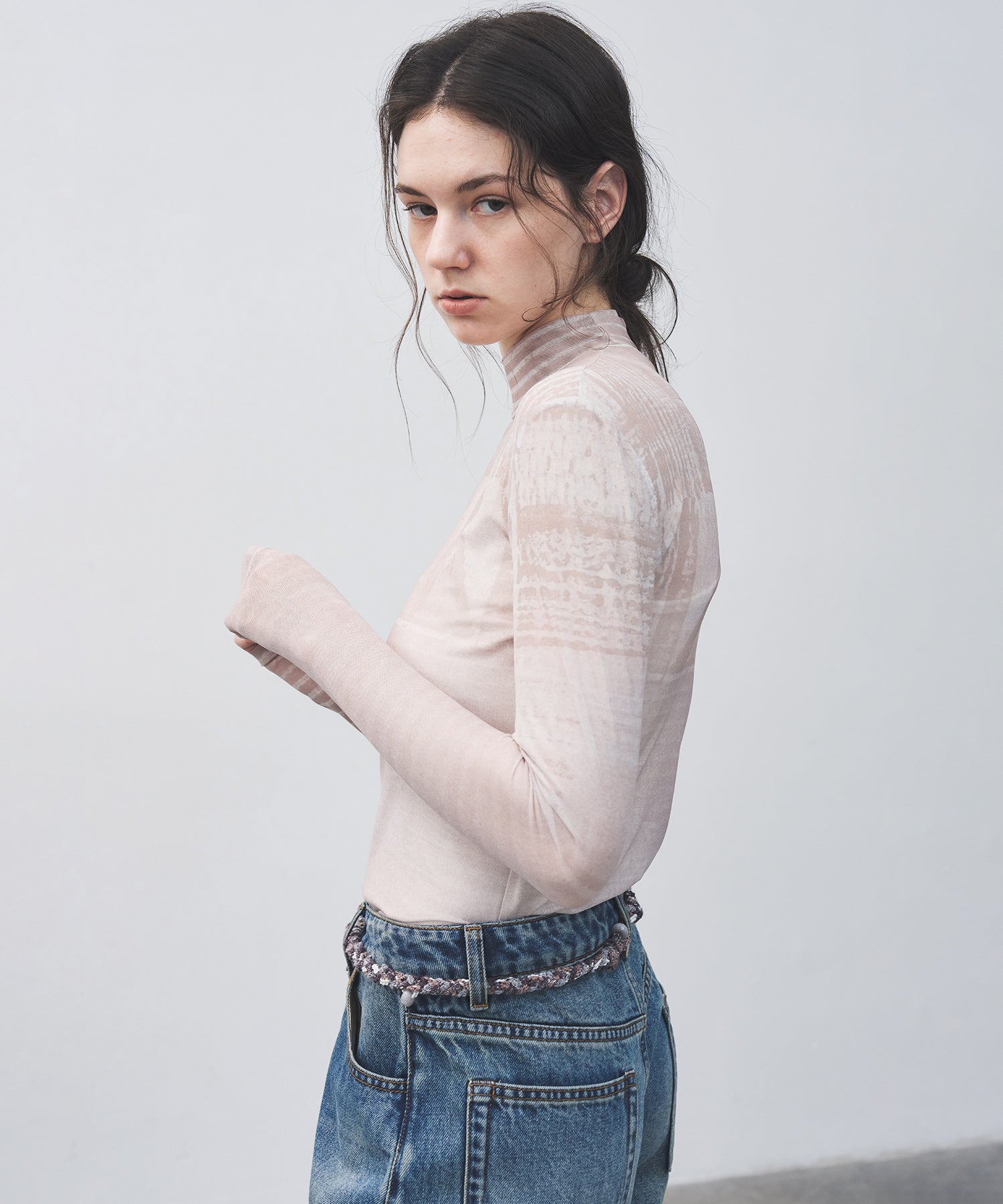 Digital Art Mesh Top – Sheer Mock Neck Fitted Layer