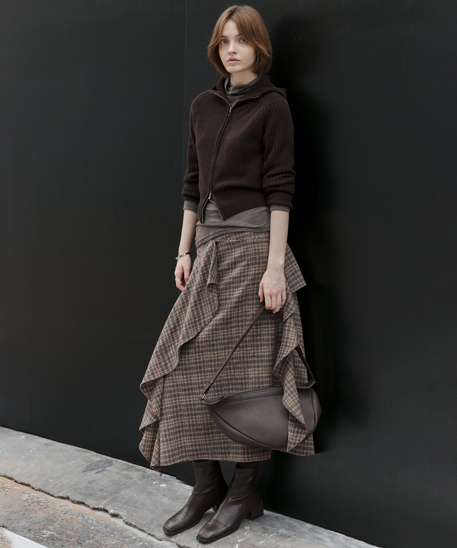 Wool Blend Irregular Flake Detail Yarn-Dyed Vintage Check Brushed A-Line Midi Skirt