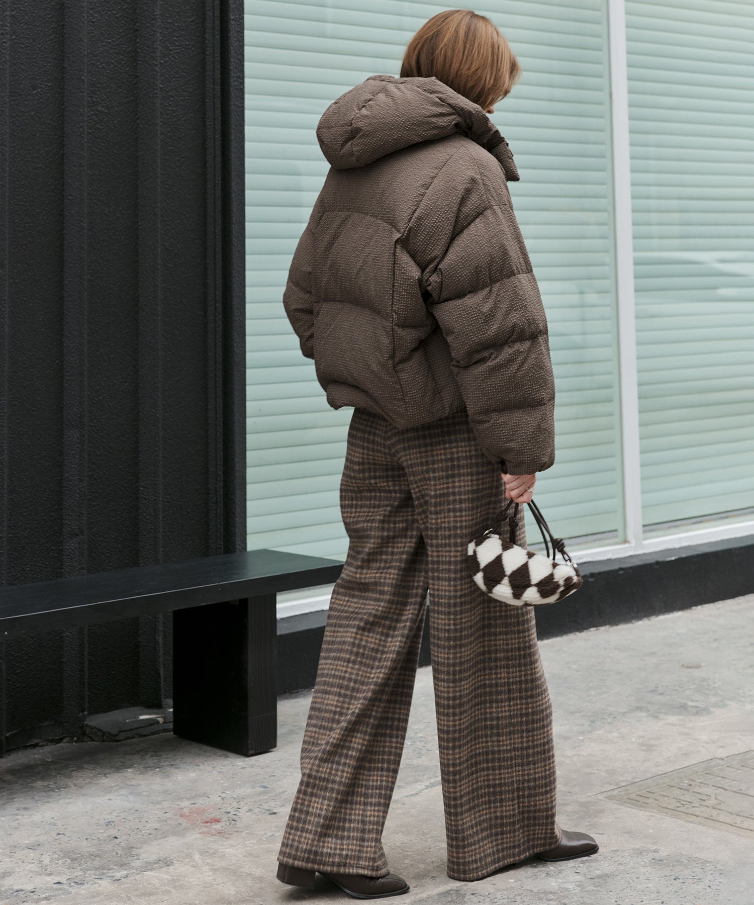 Wool Blend Yarn-Dyed Vintage Check Brushed Wide-Leg Pants