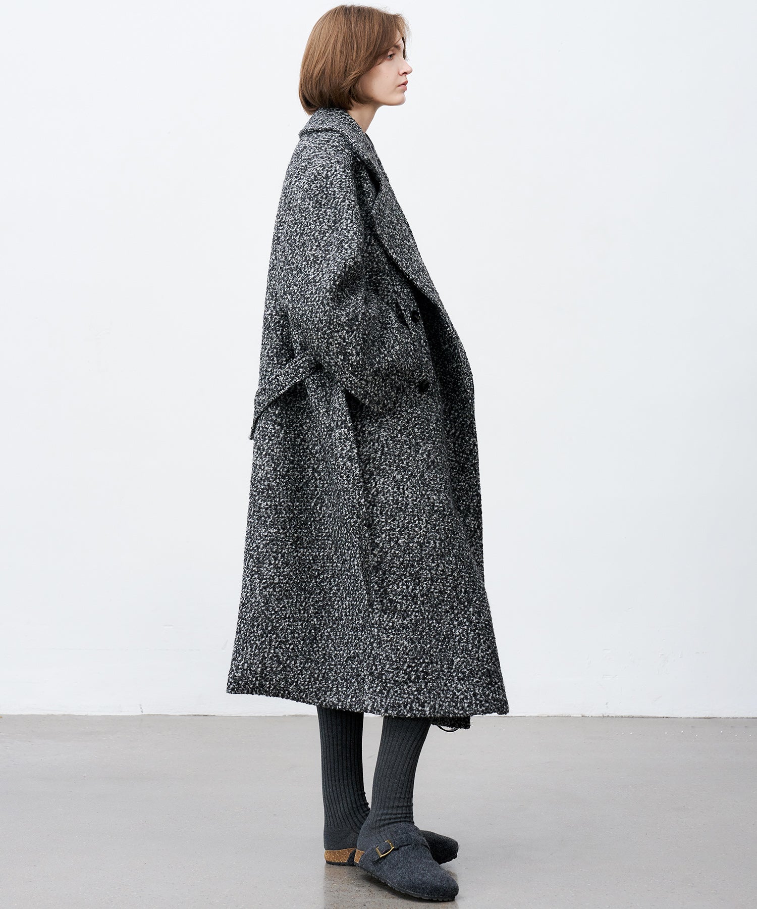 Mixed-Color Bouclé Wool Lapel Long Coat