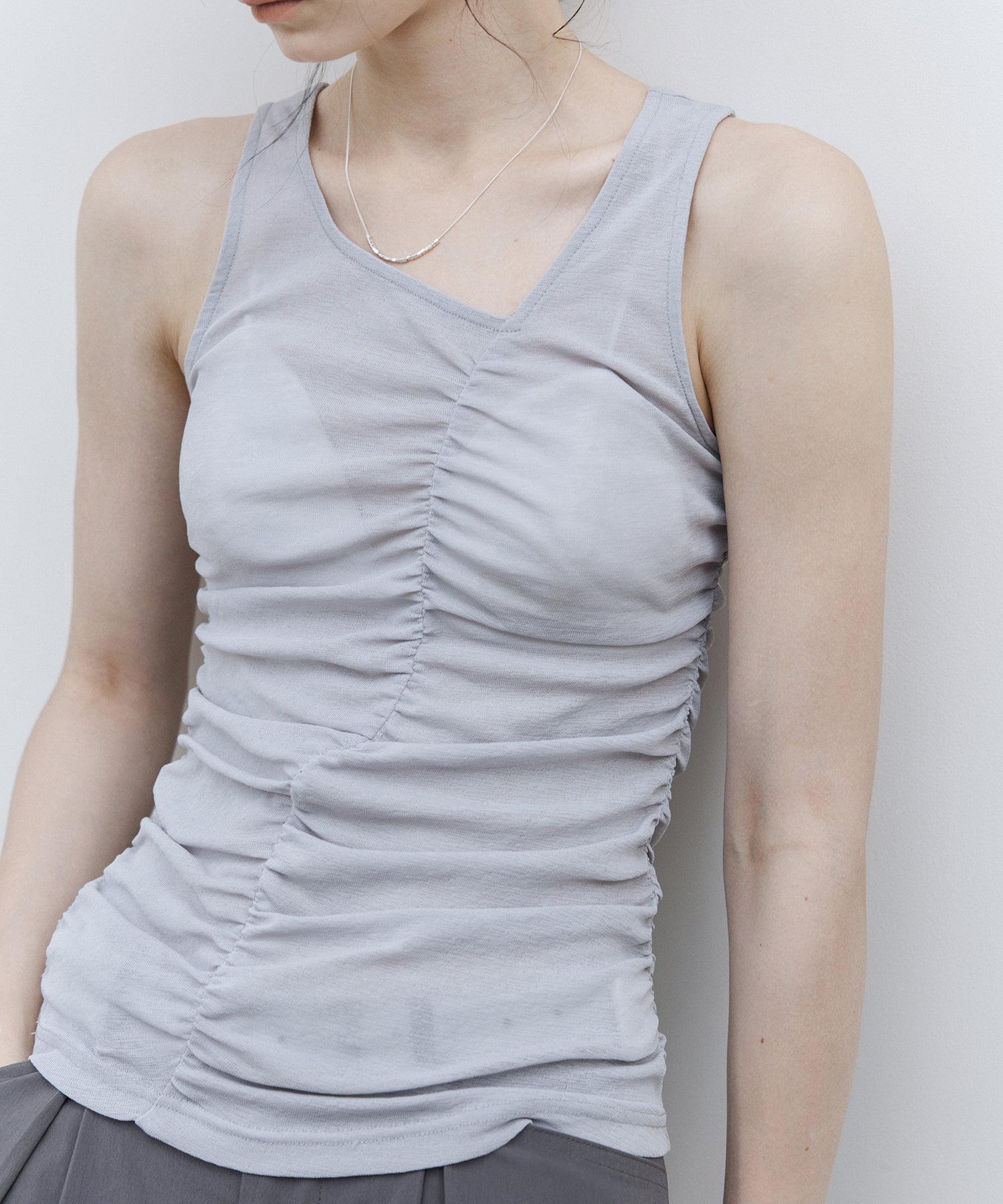 Asymmetric Gather Sheer Sleeveless Top